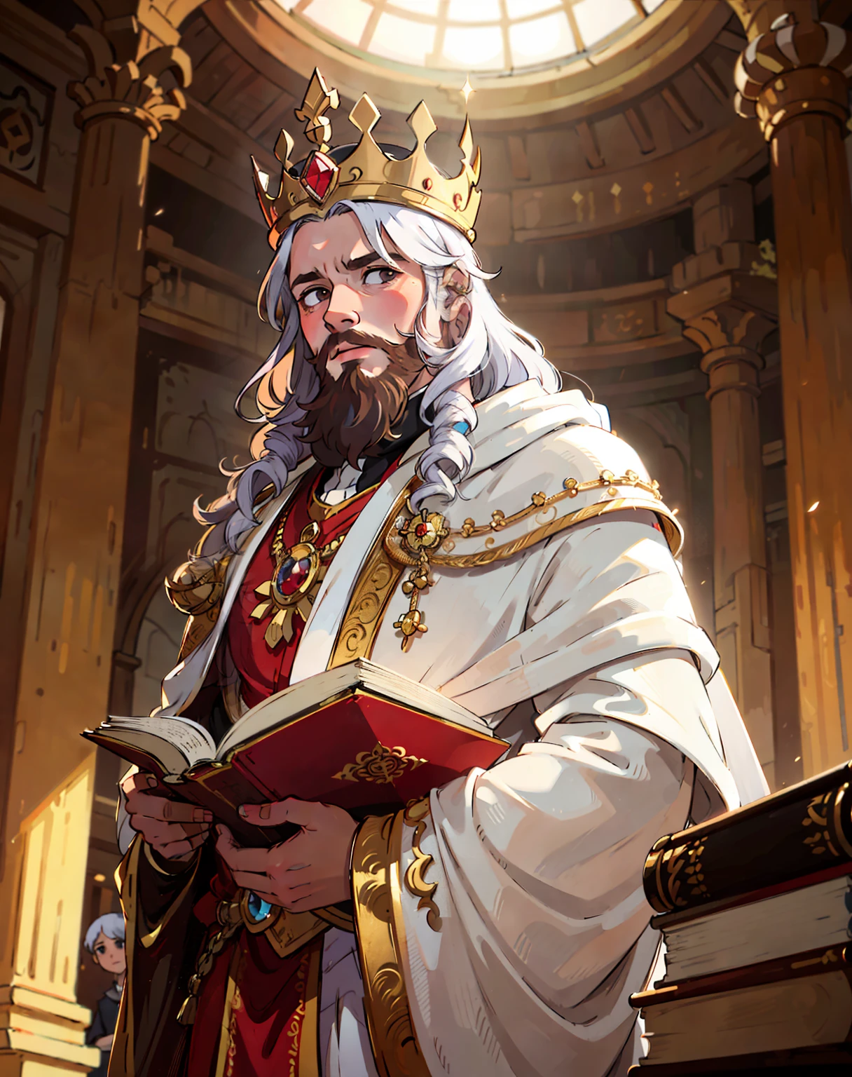 homem, KING Solomon, estilo anime, with medium beard, (cabelos castanhos escuros e barba), olhos castanhos, White dress and red tonic, ((with a king's crown on his head with 12 gemstones of different colors)), lendo um livro antigo, olhando para um livro antigo aberto, Intricado, elegante, majestoso, background an interior of a golden palace (obra de arte, side lighting, lindos olhos finamente detalhados: 1.2), HDR