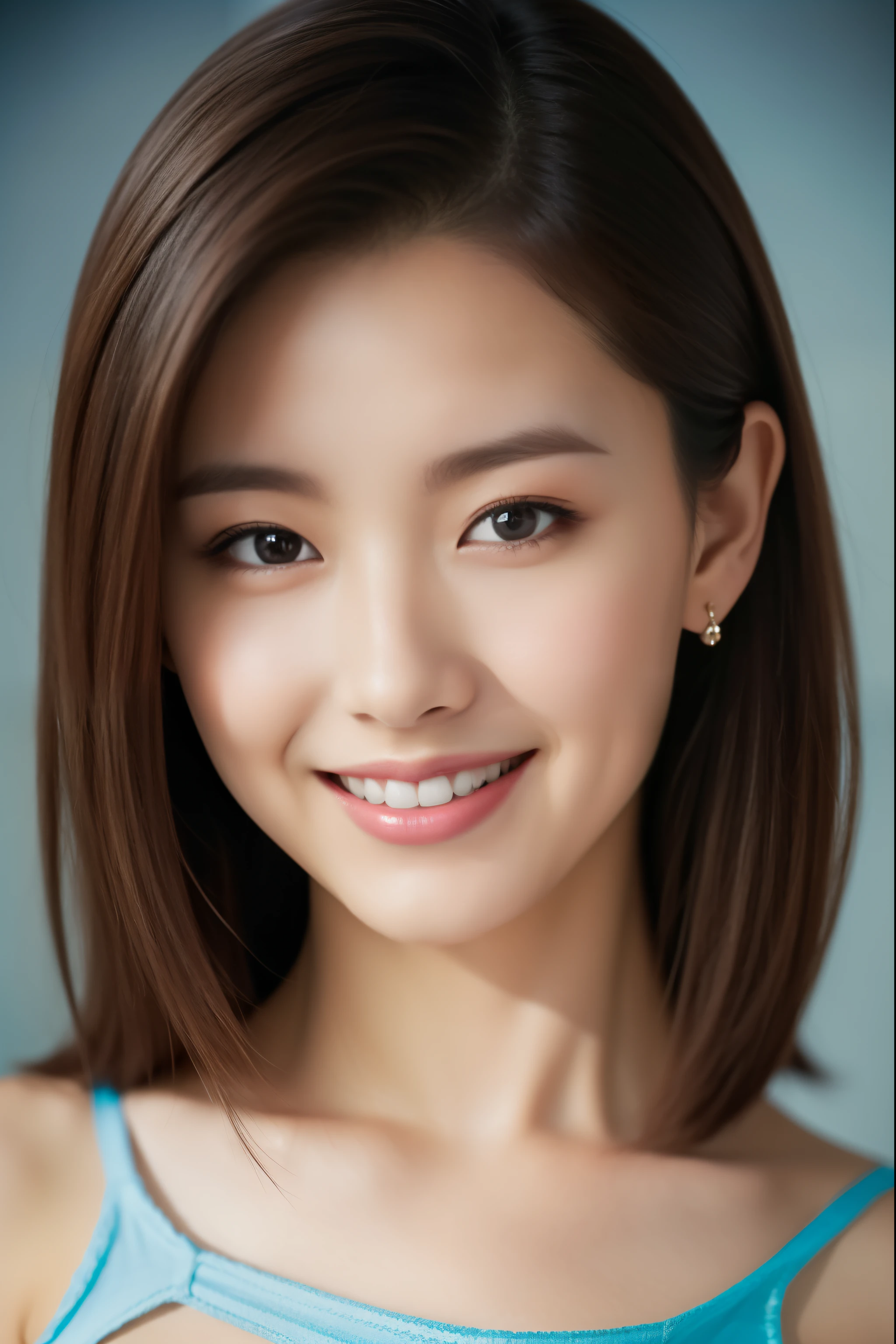 beautiful 25 year old woman。She is wearing a tight camisole made of light blue satin fabric...。Black lace on chest and hem.。smile gently。her dark brown hair、、her hair is long and straight。High resolution、masterpiece、highest quality、Head w:1.4、((Hasselblad Photos))、fine skin、fine knit、(movie lighting)、clavicle,she looks very nice. she smiles shyly. Bust Shot Portrait.