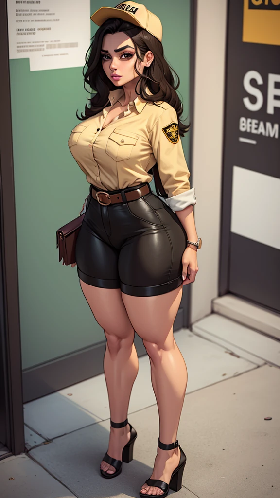 WITH YOUR BACK TO THE CAMERA, Mujer con uniforme de UPS, formal brown button down shirt, shorts formales de UPS cafe, gorra caqui, belt, camisa fajada, cabello negro de cola de trenza, calcetas altas blancas, zapatos negros, cejas anchas, ojos verdes rasgados, makeup eyelids, big cheekbones, mejillas delgadas, defined jaw