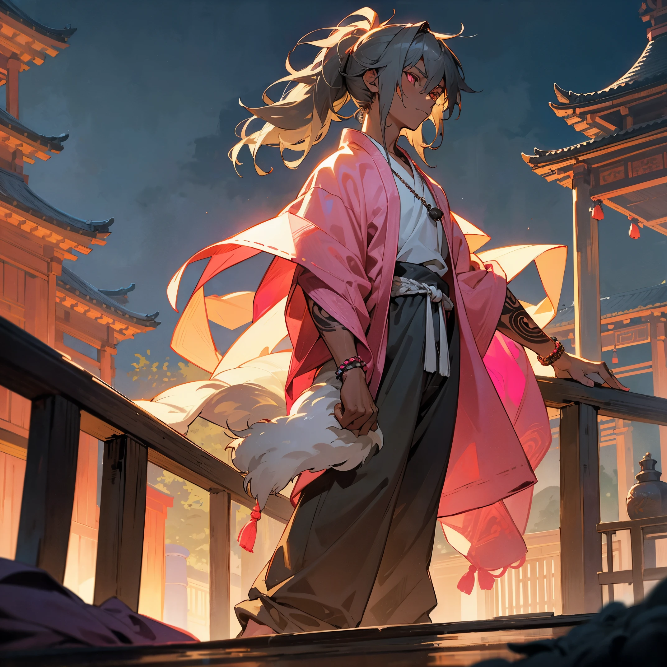 1male, young adult, dark skin, messy medium length grey hair in low ponytail, finely detailed bright pink eyes, loose undershirt shirt, loose fur poncho, loose jogging pants, adventurous clothing, prayer bead bracelet, tattoos, up close view, temple shrine, night time fishing village, standing on bridge, best light and shadows, lanterns