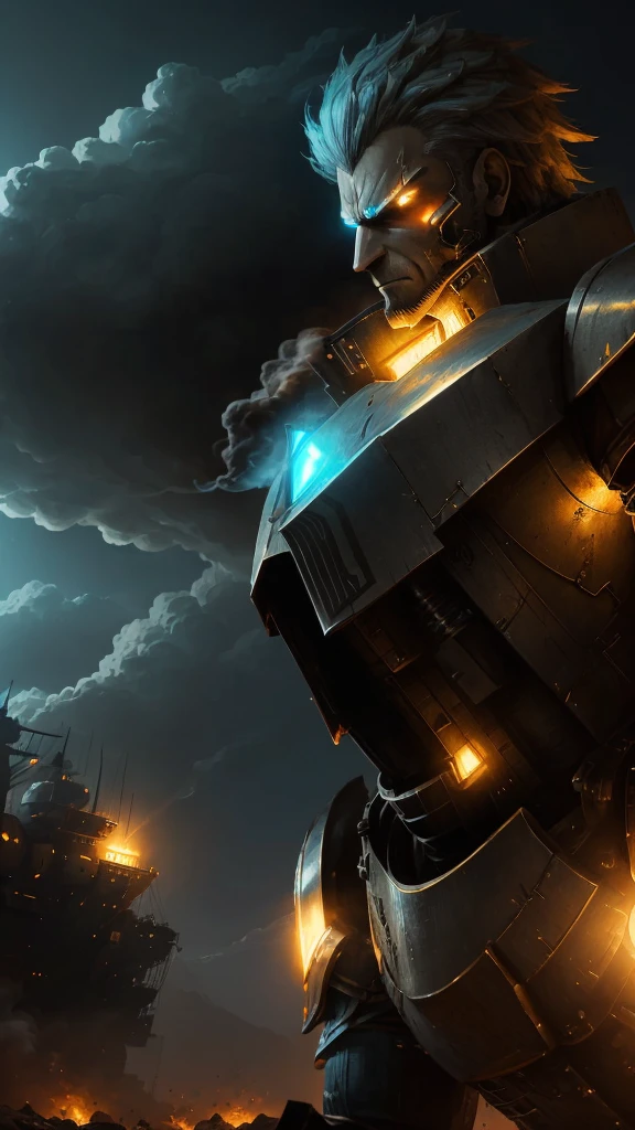 A very angry mechanical being with yellow eyes emitting a lot of smoke in his armor and with his arms crossed in a brave pose and looking to the side and in the background at the desert and a ship with mega bright LED lights in light blue color and illuminating the entire environment 