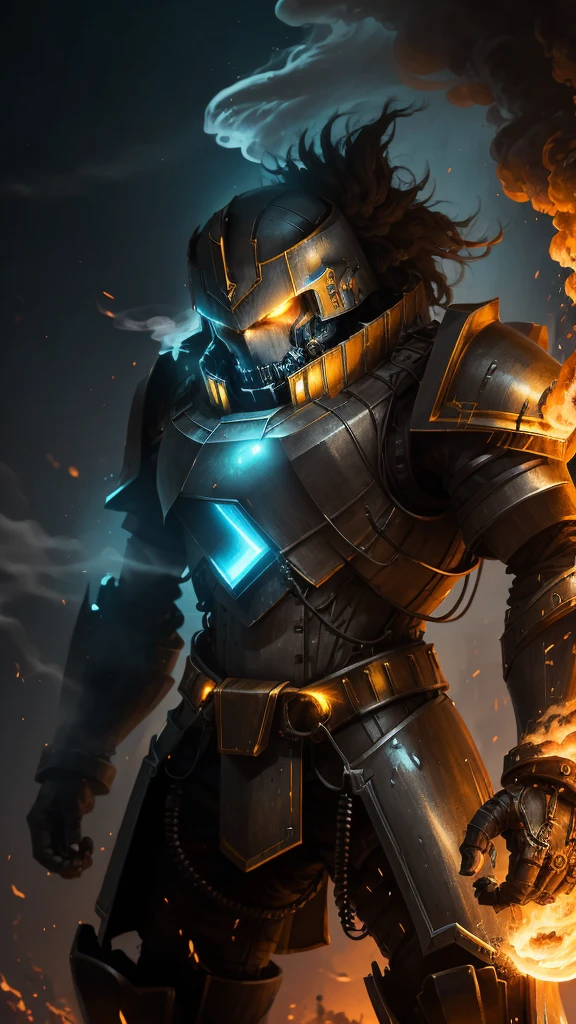 A very angry mechanical being with yellow eyes emitting a lot of smoke in his armor and with his arms crossed in a brave pose and looking to the side and in the background at the desert and a ship with mega bright LED lights in light blue color and illuminating the entire environment 