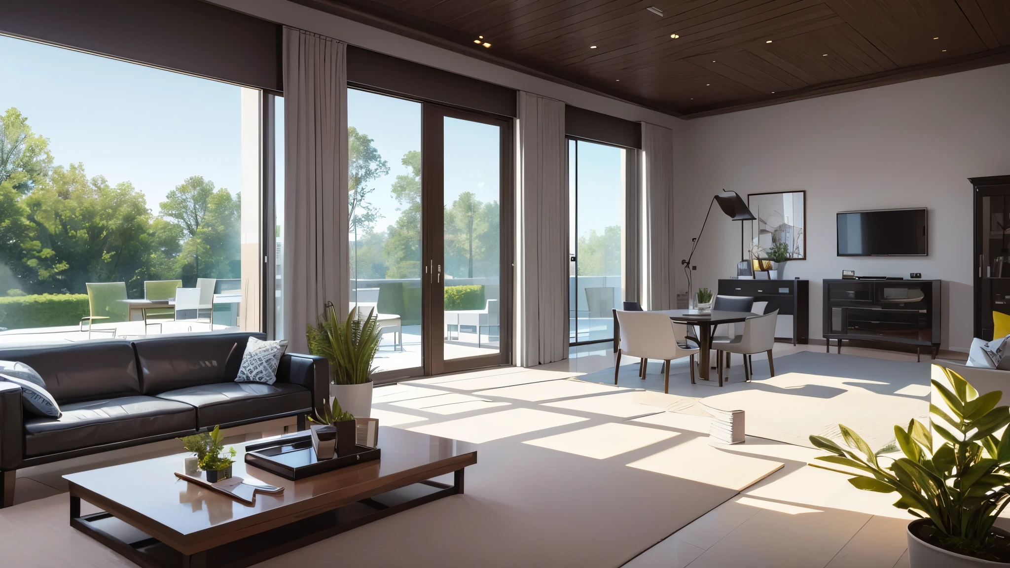 You are a famous interior designer、You have been asked to create a 3D image of a modern large room. Create a harmonious environment with modern and minimalist furniture. Including garden interior.