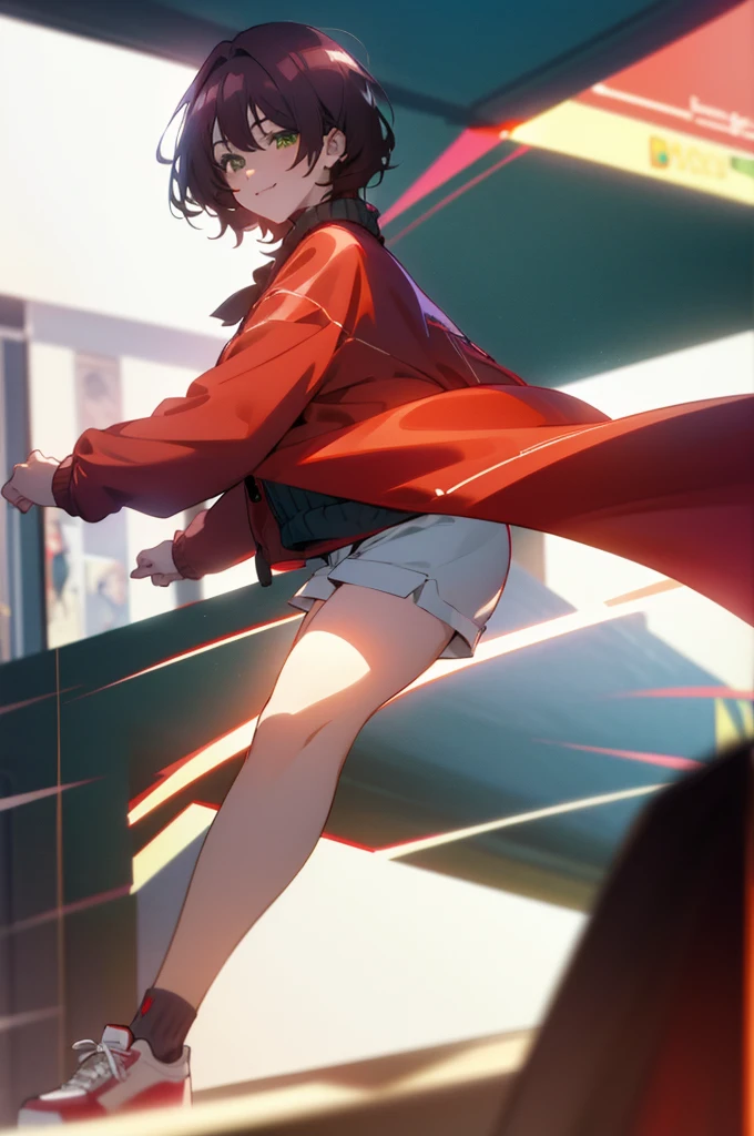 masterpiece, (highest quality), 1 female,1 girl ,aoihinami, , short hair, green eyes, red long coat,sweater,shorts,white tights,black ankle fur,sneakers,In town,walking,sexy woman,close your mouth, smile, hair between eyes, Bright colors ,Natural light  ,rtx,  , beautiful, (detailed face:1.2), showcase, (perfect eyes:1.1) ,(realistic:1.1), 8K UHD,  looking at the viewer,