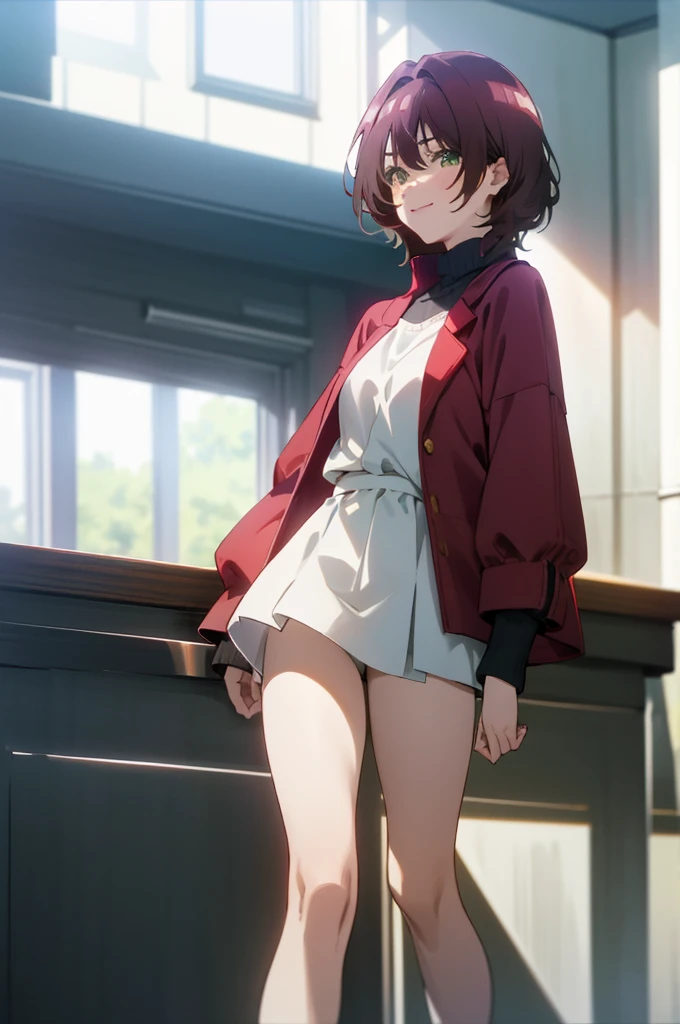 masterpiece, (highest quality), 1 female,1 girl ,aoihinami, , short hair, green eyes, red long coat,sweater,shorts,white tights,black ankle fur,sneakers,In town,walking,sexy woman,close your mouth, smile, hair between eyes, Bright colors ,Natural light  ,rtx,  , beautiful, (detailed face:1.2), showcase, (perfect eyes:1.1) ,(realistic:1.1), 8K UHD,  looking at the viewer,