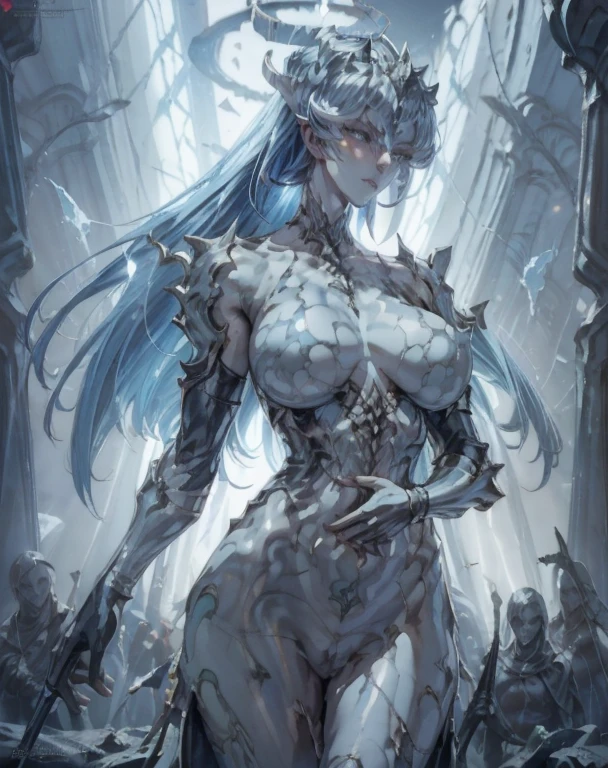 Night cyberpunk underground palace,Collagen moisturizing skin protective film,Light blue metal magnesium powder moisturizes skin,Charming hot marble saint statue,light hair,Masterpiece Samus,shocked expression,Close-up neon ray tracing,slender posture,cracked marble statue,Kazlan’s pretty face,rococo art,light blue marble skin,polished marble ceramic statue,Cracked 8K Detail,This photo takes place in a dark underground palace,There is smoke and special effects halos behind the dancers,Black velvet wet fabric,Light color big bulge