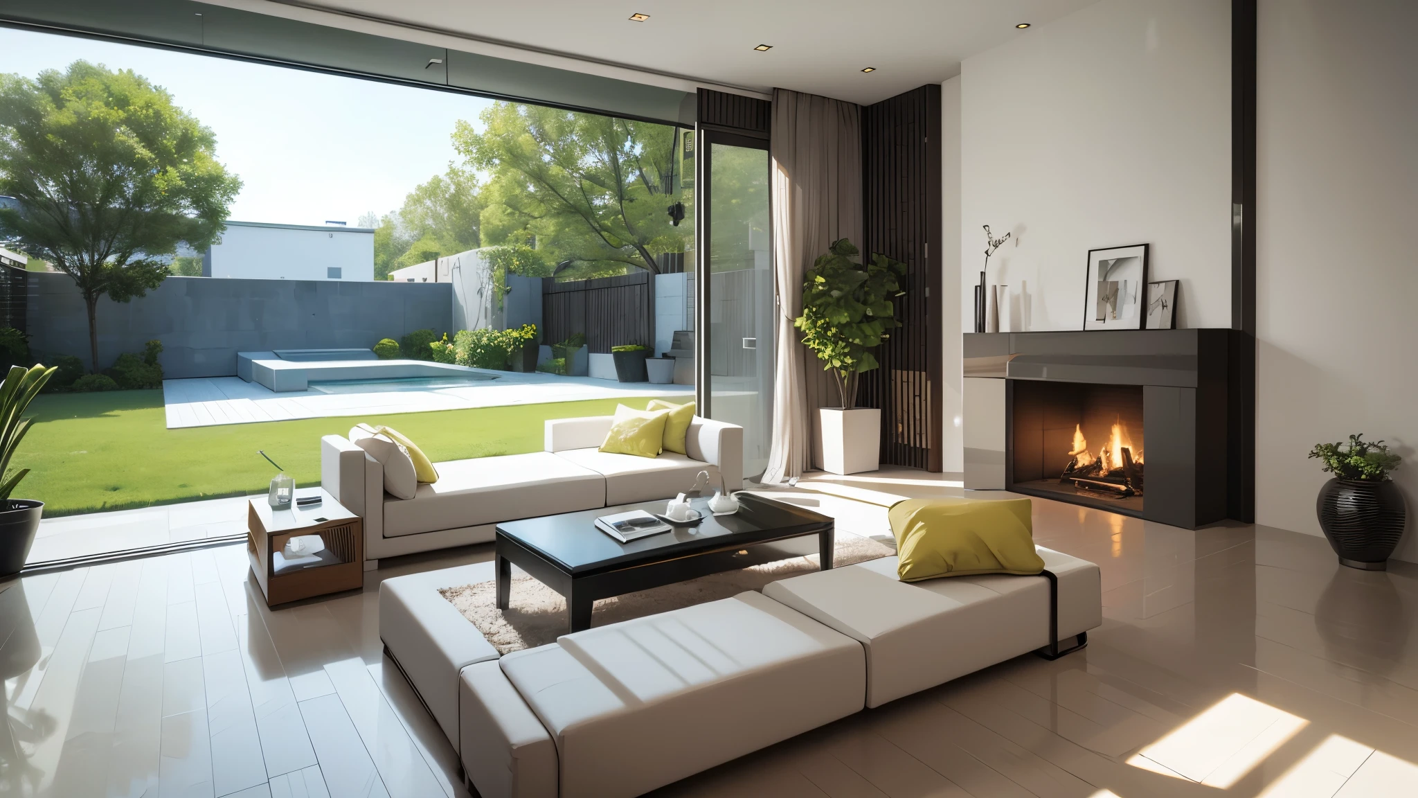 You are a famous interior designer、You have been asked to create a 3D image of a modern large room. Create a harmonious environment with modern and minimalist furniture. Including garden interior.