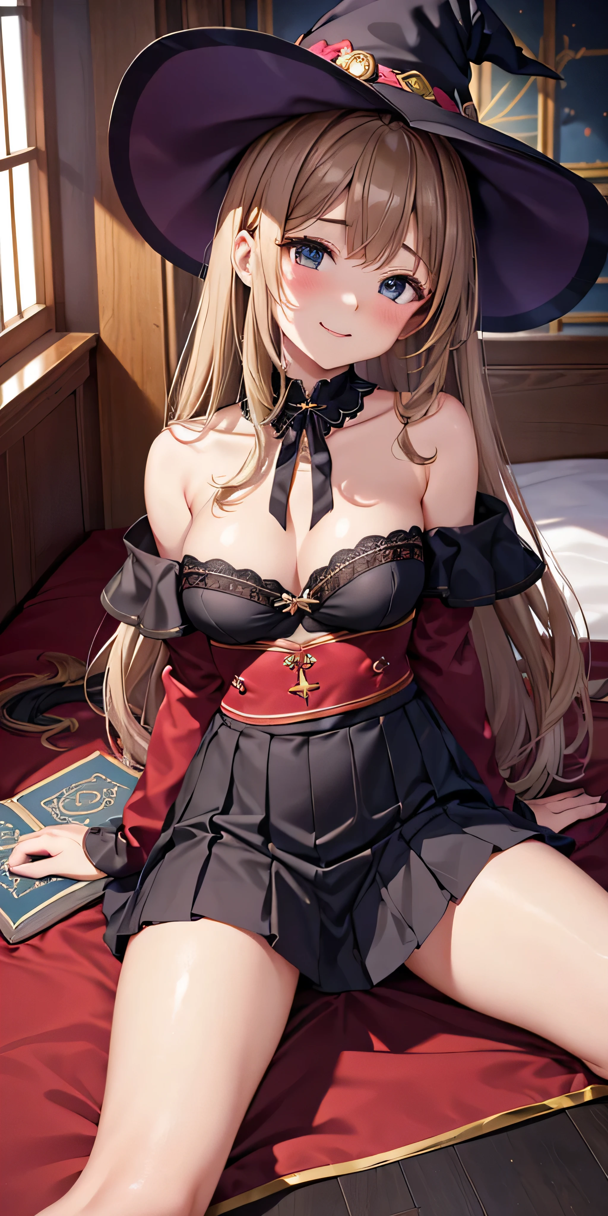 debris flies, highest quality, Highly detailed CG Unity 8K wallpaper, sexy witch , middle length hair、Dark blonde wavy hair、off shoulder knit, dark blue pleated skirt, stockings、medium breasts, saggy breasts, Pose that emphasizes the chest, blush, shy smile, bare shoulders, (((、open your legs wide、please open your knees)))、、nice magic book、church bed、lying in bed、stick out your butt、Red and black panties、Red and black bra
