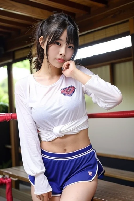 ((highest quality)), ((masterpiece)), Real Japanese beautiful girl idol high school student、hair is wet with sweat、beautiful thighs、beautiful little valley、hair tied in a knot、No sleeve、short boxer shorts、cornered in boxing、Body Blow、Put both hands on the ring and go down、painful expression