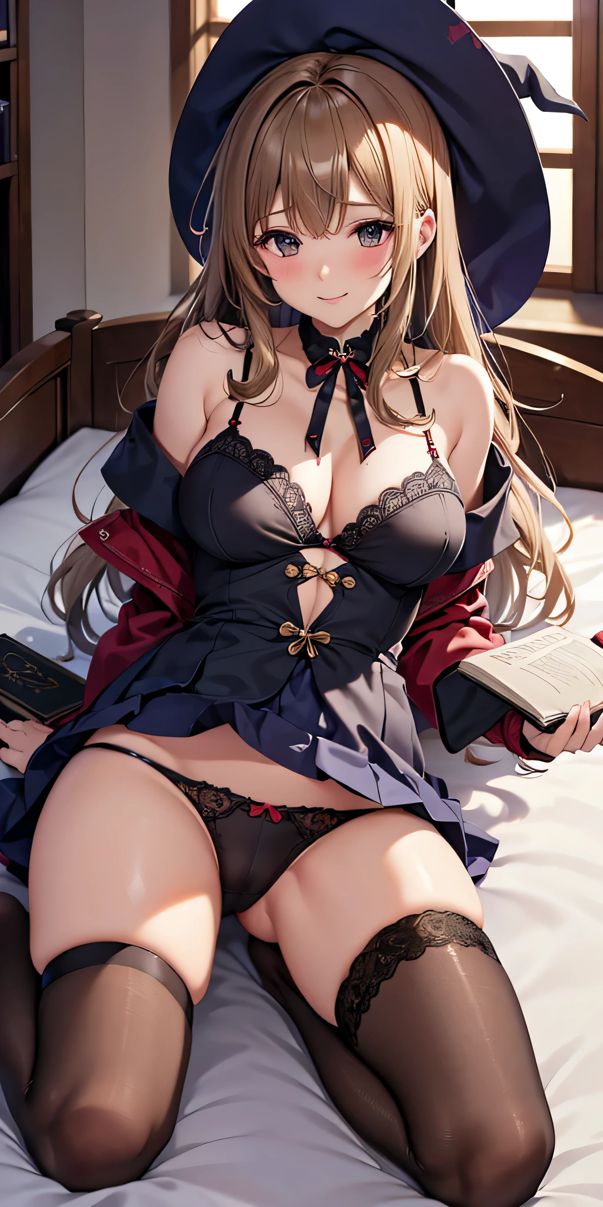 debris flies, highest quality, Highly detailed CG Unity 8K wallpaper, sexy witch , middle length hair、Dark blonde wavy hair、off shoulder knit, dark blue pleated skirt, stockings、medium breasts, saggy breasts, Pose that emphasizes the chest, blush, shy smile, bare shoulders, (((、open your legs wide、please open your knees))）、、nice magic book、church bed、lying in bed、stick out your butt、Red and black panties、Red and black bra