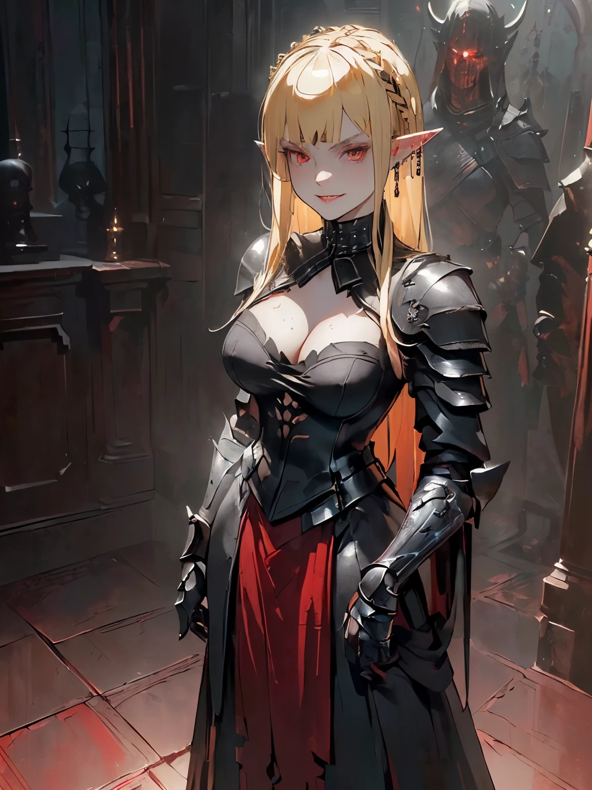 (((masterpiece))) ((( background = horror theme : at night : inside dark creepy room : dark : detail ))) (((character = young elf female : elegant long blonde hair with straight bang : red eyes : fit body: medium breast : wearing sexy darklord armor outfit : earrings  : standing : in awe at her body : seductive evil wide grin : standing menacingly : cleavage : ))) ((close-up))