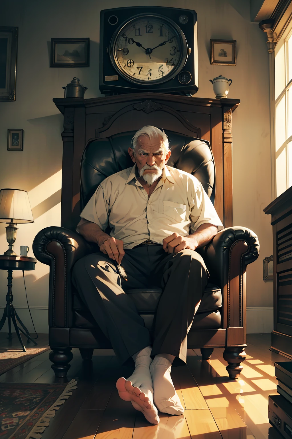 In the dimly lit room, the soul of an old man was transfixed before the glowing screen of an antique TV. His wrinkled eyes were wide with fascination as if he was lost in another world. The TV emitted an ethereal glow, casting long, dancing shadows on the man's worn-out sofa. The room was filled with the hum of the old TV and the gentle ticking of a grandfather clock in the corner. His hands, trembling with age, reached out to touch the cool plastic of the remote control, his fingers moving automatically to change the channel. The man's worn-out sneakers were kicked back, revealing worn-out socks and, strangely enough, bare feet