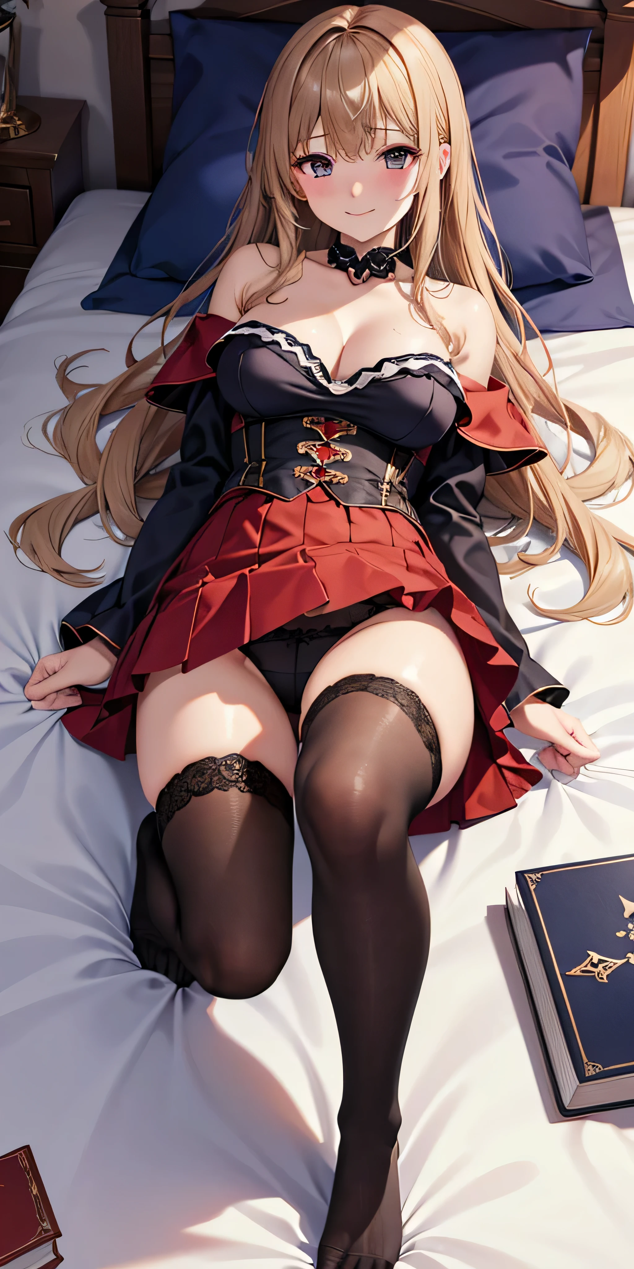 debris flies, highest quality, Highly detailed CG Unity 8K wallpaper, sexy witch , long dark blonde wavy hair、off shoulder knit, dark blue pleated skirt, stockings、medium breasts, saggy breasts, Pose that emphasizes the chest, blush, shy smile, bare shoulders, (Red and black panties、Red and black bra、((open your legs wide、please open your knees))）、、luxury magic wand and book、church bed、lying in bed、stick out your butt、、