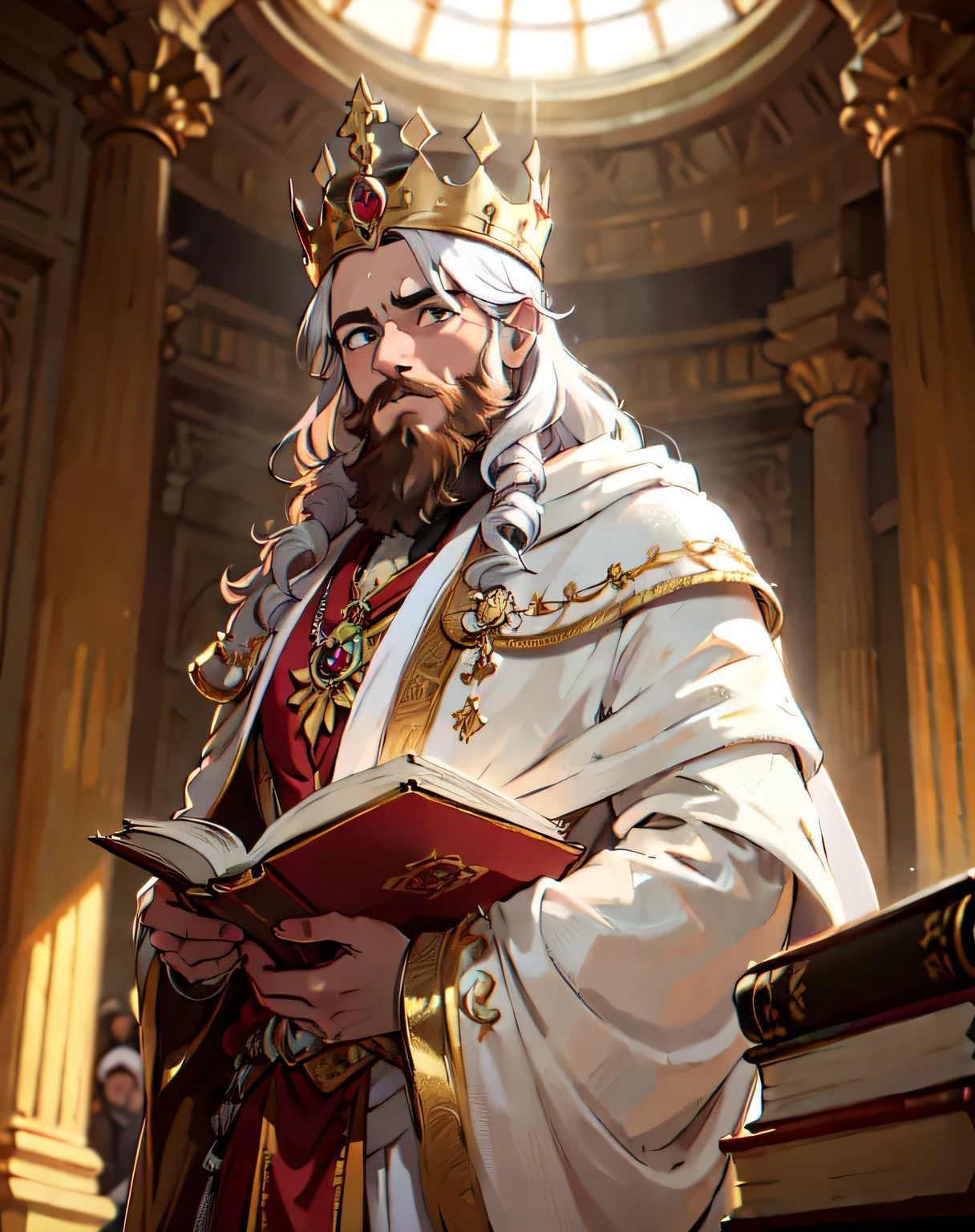 Homem, KING Solomon, estilo anime, with medium beard, (cabelos castanhos escuros e barba), olhos castanhos, White dress and red tonic, ((with a king's crown on his head with 12 gemstones of different colors)), lendo um livro antigo, olhando para um livro antigo aberto, intricado, elegante, majestoso, background an interior of a golden palace (obra de arte, side lighting, lindos olhos finamente detalhados: 1.2), HDR
