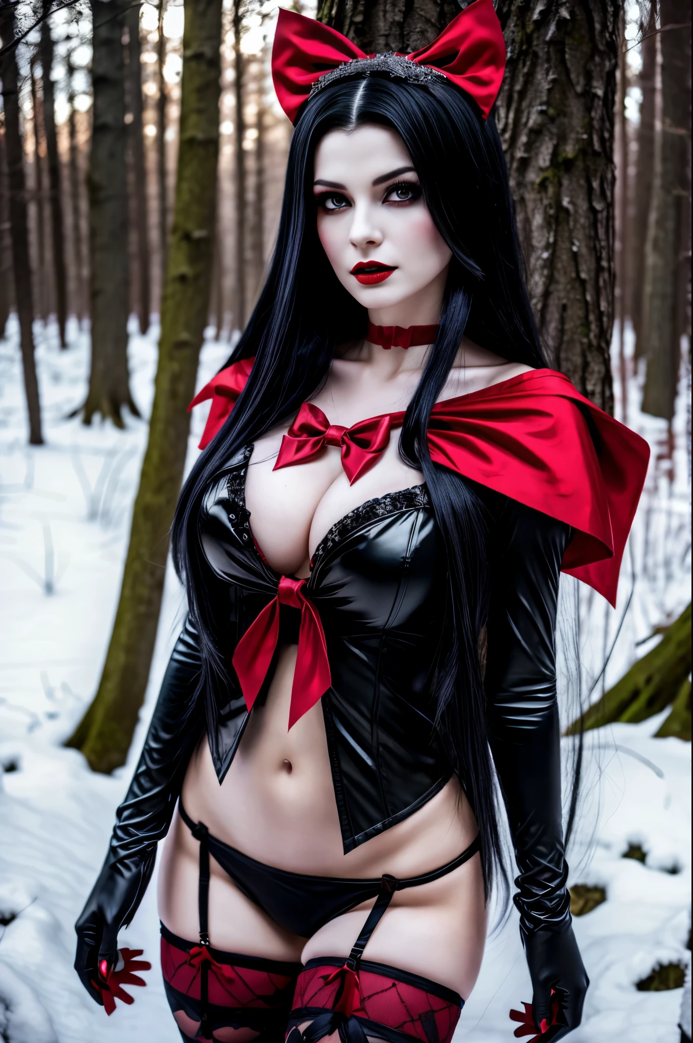 Araffe dressed as a sexy "snow white" with a red bow and a red bow, beautiful vampire queen, realistic cosplay, Marceline from Adventure Time, anime girl cosplay, 4K HD snow white hair, beautiful vampire queen, snow white as a d &d fighter, snow white, anime cosplay, cosplay, vampire Carmilla, with long dark hair, in the dark woods, spooky atmosphere, torn clothes, large breasts, full body, photo from below