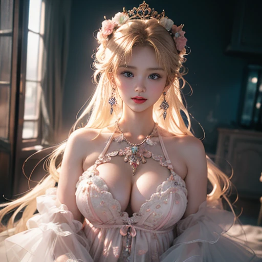 masterpiece,Highest image quality,Super details,best quality ,extremely delicate and beautiful, Very detailed,best quality, official art, Extremely detailed CG unified 8k wallpaper, portrait photo, The most beautiful look,Blonde hair, blue eyes,Radiant skin and radiant eyes, beautiful skin,(detailed lighting:1.2), (Beautiful and detailed light:1.3), deep understanding, beautiful nude color, complex, number, Smooth, sharp focus, end of the world, epic reality,looking at camera, (high dynamic range:1.4),face camera, (pastel colors:1.4), beautiful big breasts,end of the world的, give up, neutral color, night, screen space refraction, (intricate details, Super detailed:1.3), art station, lens, vignette, complex background, buliding,charming smile,Blushed,Shy,detailed background,(Various colors of dream catcher earrings missing color,Color is black,White,pink,Purple,red,blue,orange color,green,blue,,),sexy and sultry,(Obscenity exposed,camel toe,comb neatly,),The sexiest look,Peach Milk Tea Smooth Velvet Versailles Dress,Ultra thin,translucent,see through dress,