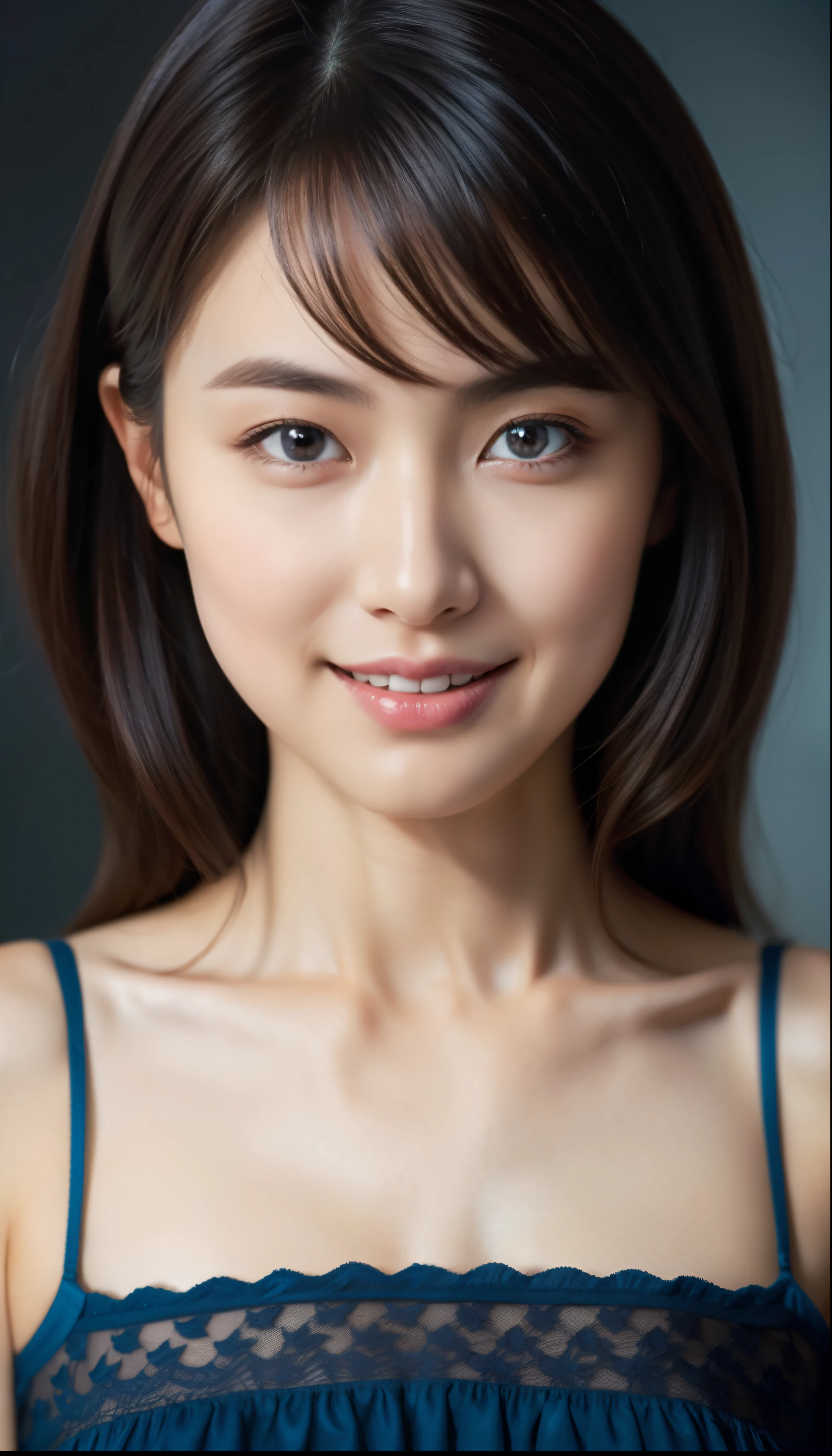 beautiful 25 year old woman。She is wearing a tight camisole made of light blue satin fabric...。Black lace on chest and hem.。smile gently。her dark brown hair、、her hair is long and straight。High resolution、masterpiece、highest quality、Head w:1.4、((Hasselblad Photos))、fine skin、fine knit、(movie lighting)、clavicle,she looks very nice. she smiles shyly. Bust Shot Portrait.