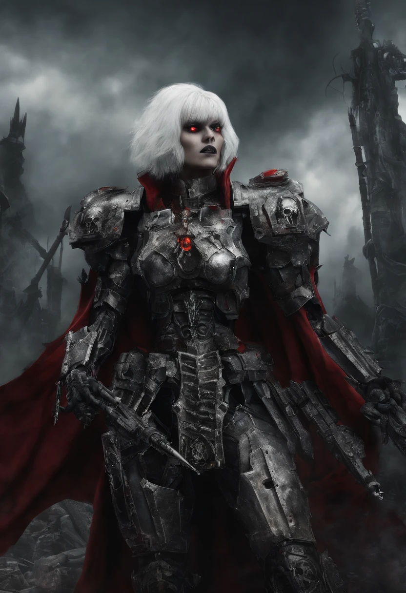 female warrior, adepta sororitas, (bob haircut, white hair), red cape, (warhammer 40k art:1.4), (futuristic power armor:1.2), standing, beautiful face, (best quality, masterpiece, award winning:1.4), (octane render, vivid colours:1.2), empty hands