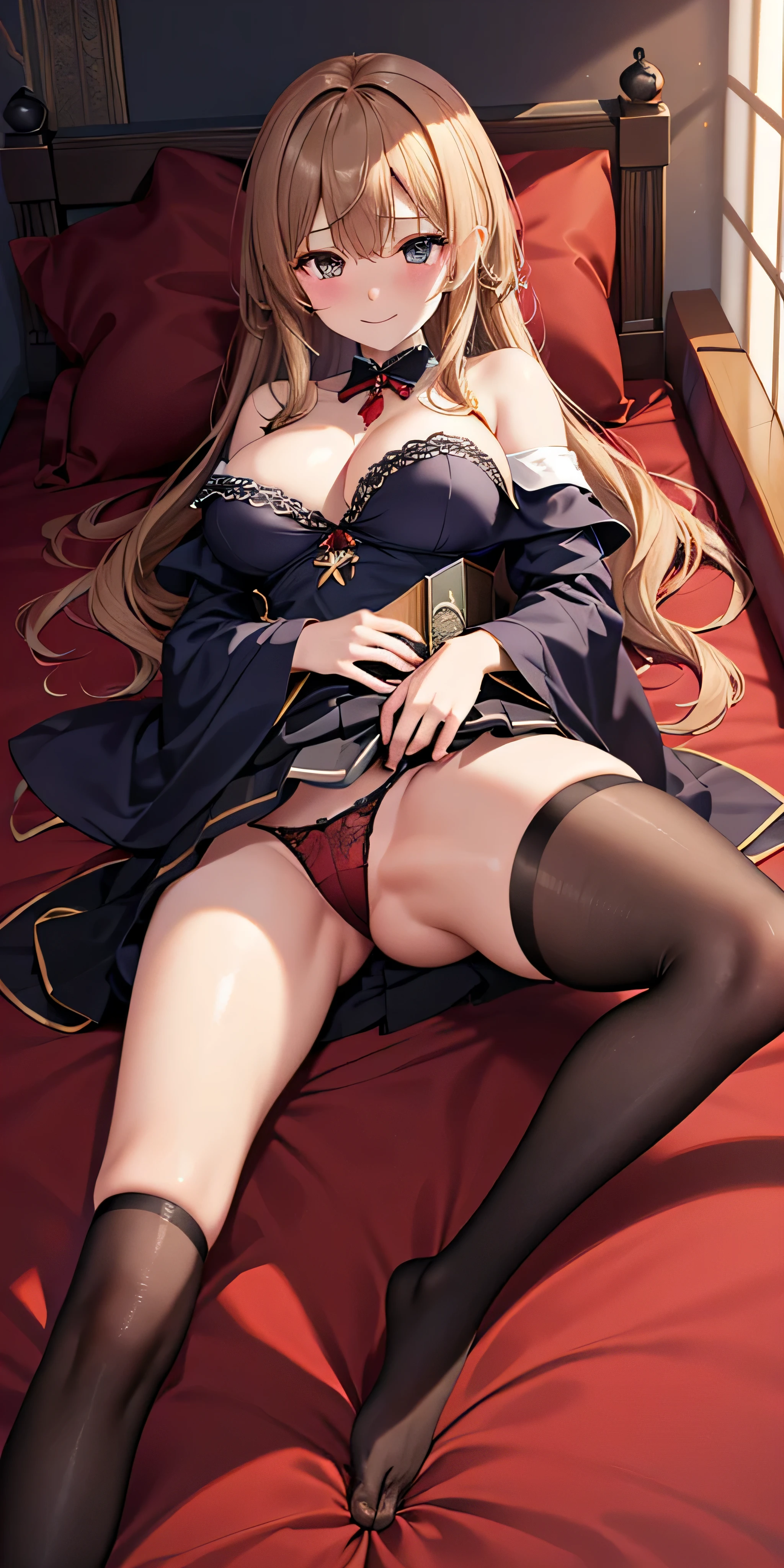 debris flies, highest quality, Highly detailed CG Unity 8K wallpaper, sexy witch , long dark blonde wavy hair、off shoulder knit, dark blue pleated skirt, stockings、medium breasts, saggy breasts, Pose that emphasizes the chest, blush, shy smile, bare shoulders, (Red and black panties、Red and black bra、((open your legs wide、please open your knees)))、、luxury magic wand and book、church bed、lying in bed、stick out your butt、、