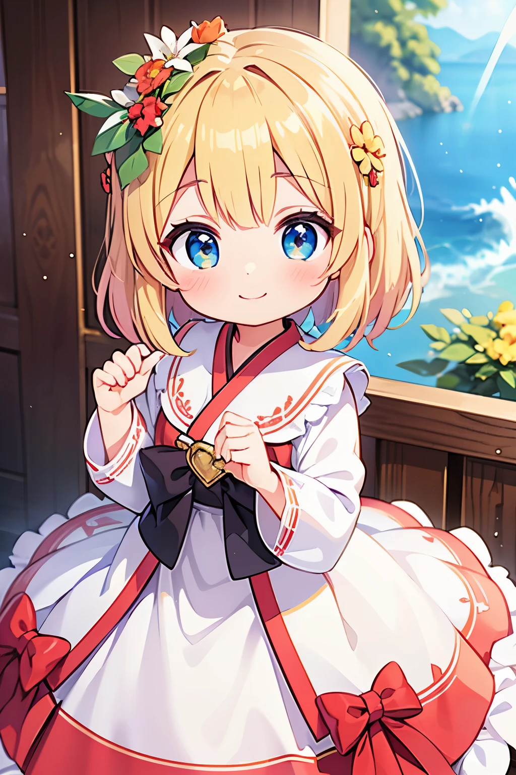 photoRealstic、A in a wedding dress stands in front of a painting、A smile、(High Definition Figure)、Flowing iridescent silk、up of face、Eye Up、Colorcon with heart pattern、Floral dress、There are also flowers in front of the girl.、season!!: 夏天☀ 🍂
