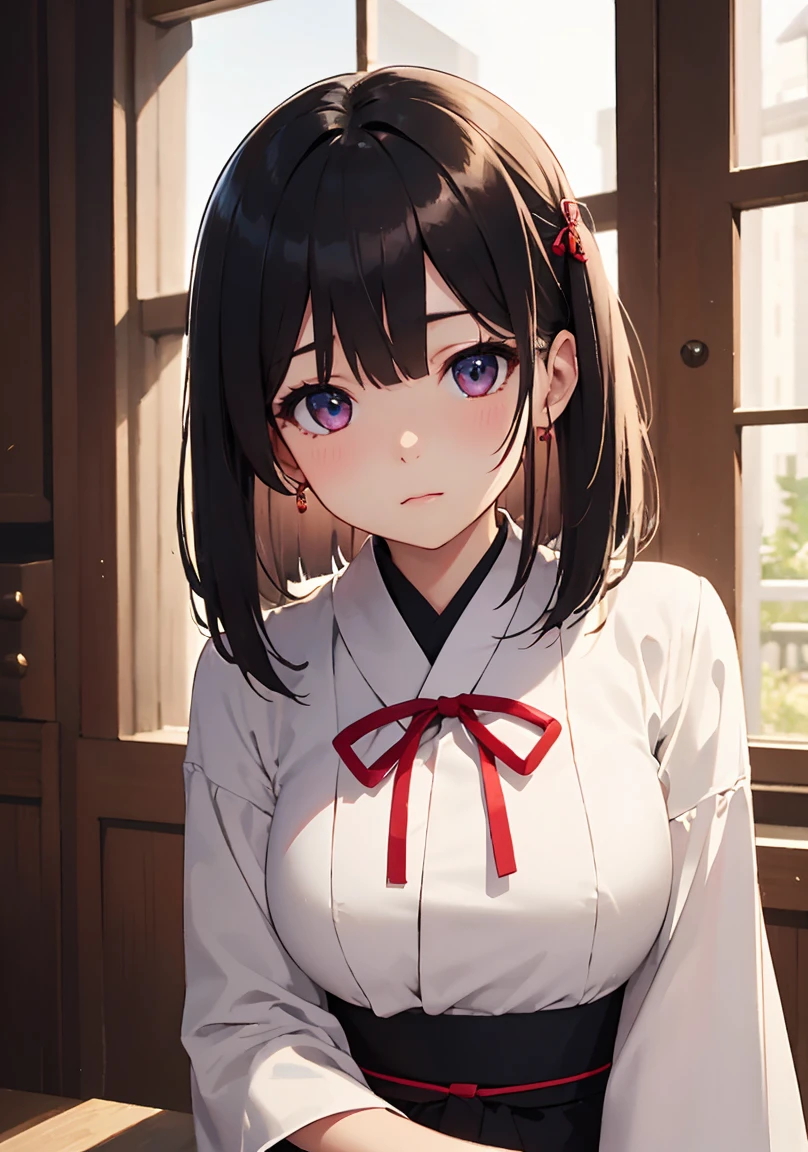 masterpiece, absurdres, best quality, ultra detailed, high Resolution, detailed illustration, extremely beautiful detailed face and eyes, bright colour, 1girl, (), cute face, Delicate beautiful face, magenta eyes, cute eyes, sparkling eyes, big eyes, medium breasts, (perky breasts:1.1), (pointy breasts:1.1), medium hips, glamorous body, white skin, happy, BREAK, long bob cut, (blonde hair:0.8), messy hair, detailed hair, shiny hair, BREAK Kyudo uniform, tiny ribbon, Kyudo hall, real world, natural lights, perfect lighting,