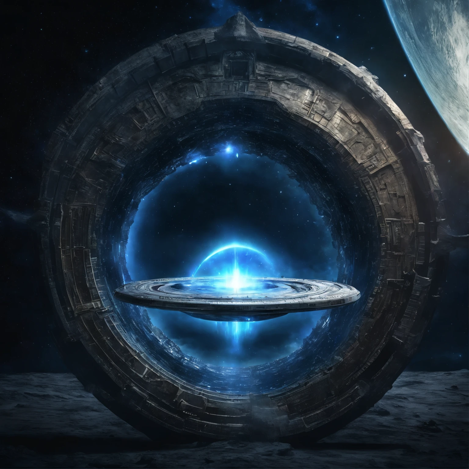 super detailed image of (((the giant stargate ring in the deep open space))), ((the entire space inside that stargate is filled with streams of blue plasma flowing from the ring to the center of the space inside that ring):1.4), ((a flying saucer opposite the stargate is preparing to pass through it):1.4), (lightnings runs across the surface of the stargate), a planet very far in the space on background, Milky Way, space, stars, (Best Quality, 16K, Masterpiece, UHD, Ultra quality cinematic lighting, Huge detail, Well lit, sharp, hyper realistic, epic scale, insane level of details)
