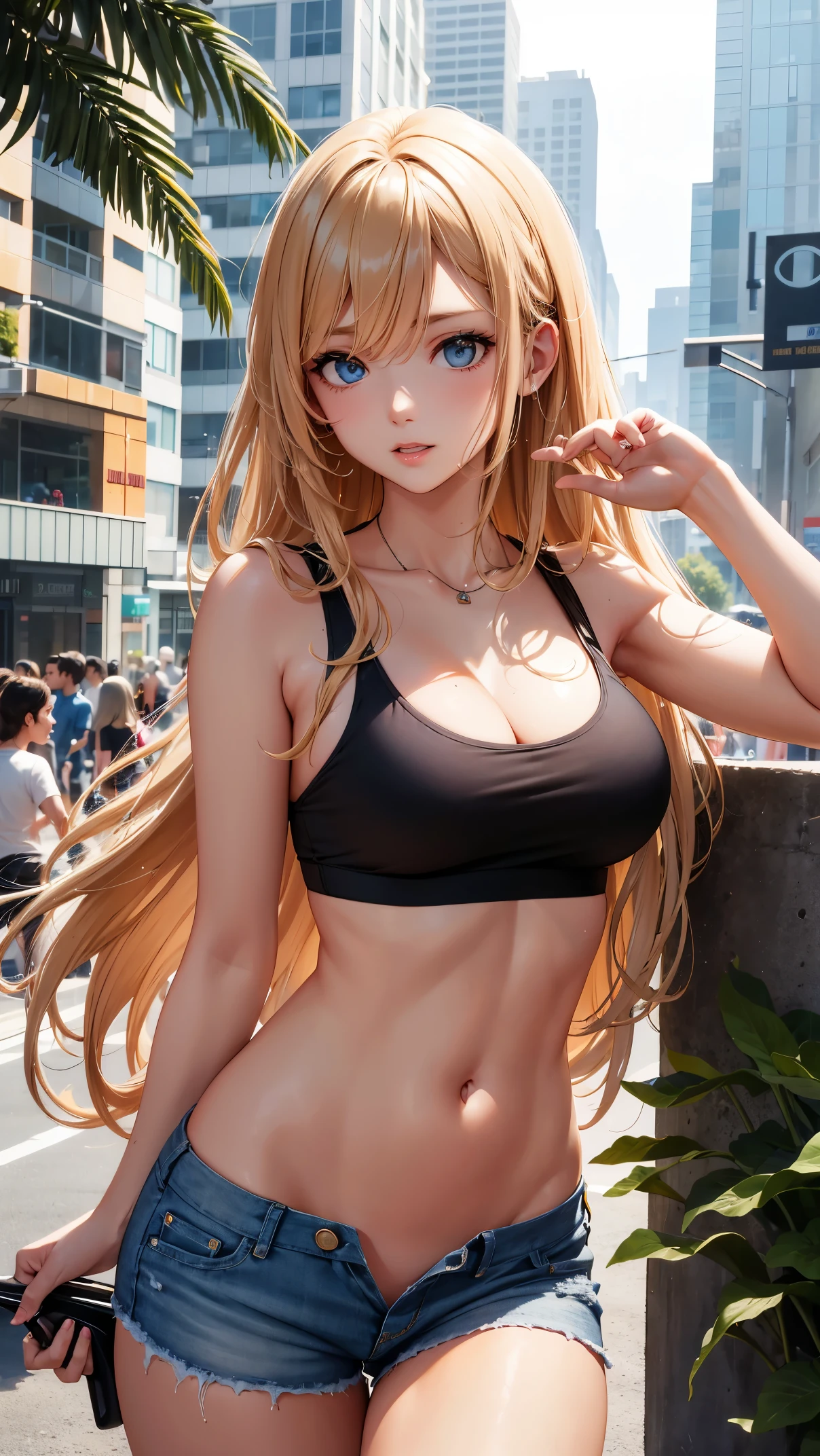 ultra realistic, ultra high definition, and ultra realistic environment, Looking at the Viewer, 22 years old, Random color Tight Tank Top, ripped denim mini skirt, long wavy blonde hair, 1.5 meters away,HDR,very high image quality,cinematic footage . natural body position, natural body anatomy. city in Sao Paulo Brazil. he is brilliant.