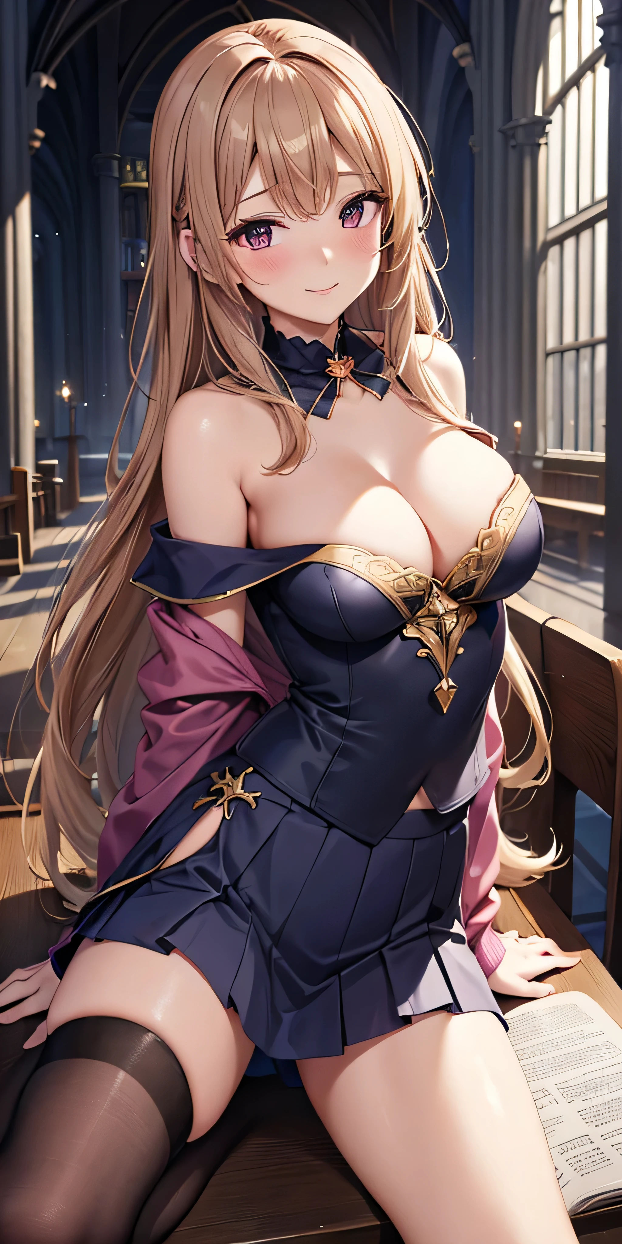 debris flies, highest quality, Highly detailed CG Unity 8K wallpaper, sexy witch , long dark blonde wavy hair、off shoulder knit, dark blue pleated skirt, stockings、medium breasts, saggy breasts, Pose that emphasizes the chest, blush, shy smile, bare shoulders, (Sexy pink panties、、((open your legs wide)))、、nice magic book、Cathedral of the Church、Put your hand on the pillar and turn around、stick out your butt、、