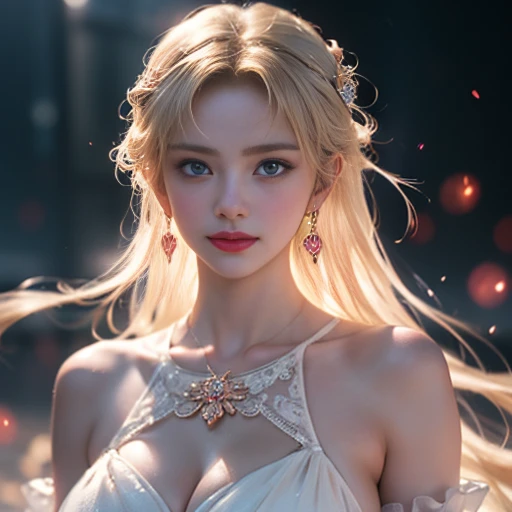 masterpiece，Highest image quality，Super details，best quality ,extremely delicate and beautiful, Very detailed,best quality, official art, Extremely detailed CG unified 8k wallpaper, portrait photo, The most beautiful look，Blonde hair, blue eyes，Radiant skin and radiant eyes, beautiful skin,(detailed lighting:1.2), (Beautiful and detailed light:1.3), deep understanding, beautiful nude color, complex, number, Smooth, sharp focus, end of the world, epic reality,looking at camera， (high dynamic range:1.4),face camera， (pastel colors:1.4), beautiful big breasts，end of the world的, give up, neutral color, night, screen space refraction, (intricate details, Super detailed:1.3), art station, lens, vignette, complex background, buliding，charming smile，Blushed，Shy，detailed background，（Various colors of dream catcher earrings missing color，Color is black，White，pink，Purple，red，blue，orange color，green，blue，，），sexy and sultry，（Obscenity exposed，camel toe，comb neatly，），The sexiest look，Peach Milk Tea Smooth Velvet Versailles Dress，Ultra thin，translucent，透视蕾丝无肩带Ultra thin连衣裙，body of，