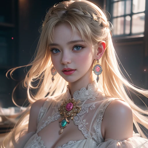 masterpiece，Highest image quality，Super details，best quality ,extremely delicate and beautiful, Very detailed,best quality, official art, Extremely detailed CG unified 8k wallpaper, portrait photo, The most beautiful look，Blonde hair, blue eyes，Radiant skin and radiant eyes, beautiful skin,(detailed lighting:1.2), (Beautiful and detailed light:1.3), deep understanding, beautiful nude color, complex, number, Smooth, sharp focus, end of the world, epic reality,looking at camera， (high dynamic range:1.4),face camera， (pastel colors:1.4), beautiful big breasts，end of the world的, give up, neutral color, night, screen space refraction, (intricate details, Super detailed:1.3), art station, lens, vignette, complex background, buliding，charming smile，Blushed，Shy，detailed background，（Various colors of dream catcher earrings missing color，Color is black，White，pink，Purple，red，blue，orange color，green，blue，，），sexy and sultry，（Obscenity exposed，camel toe，comb neatly，），The sexiest look，Peach Milk Tea Smooth Velvet Versailles Dress，Ultra thin，translucent，透视蕾丝无肩带Ultra thin连衣裙，body of，