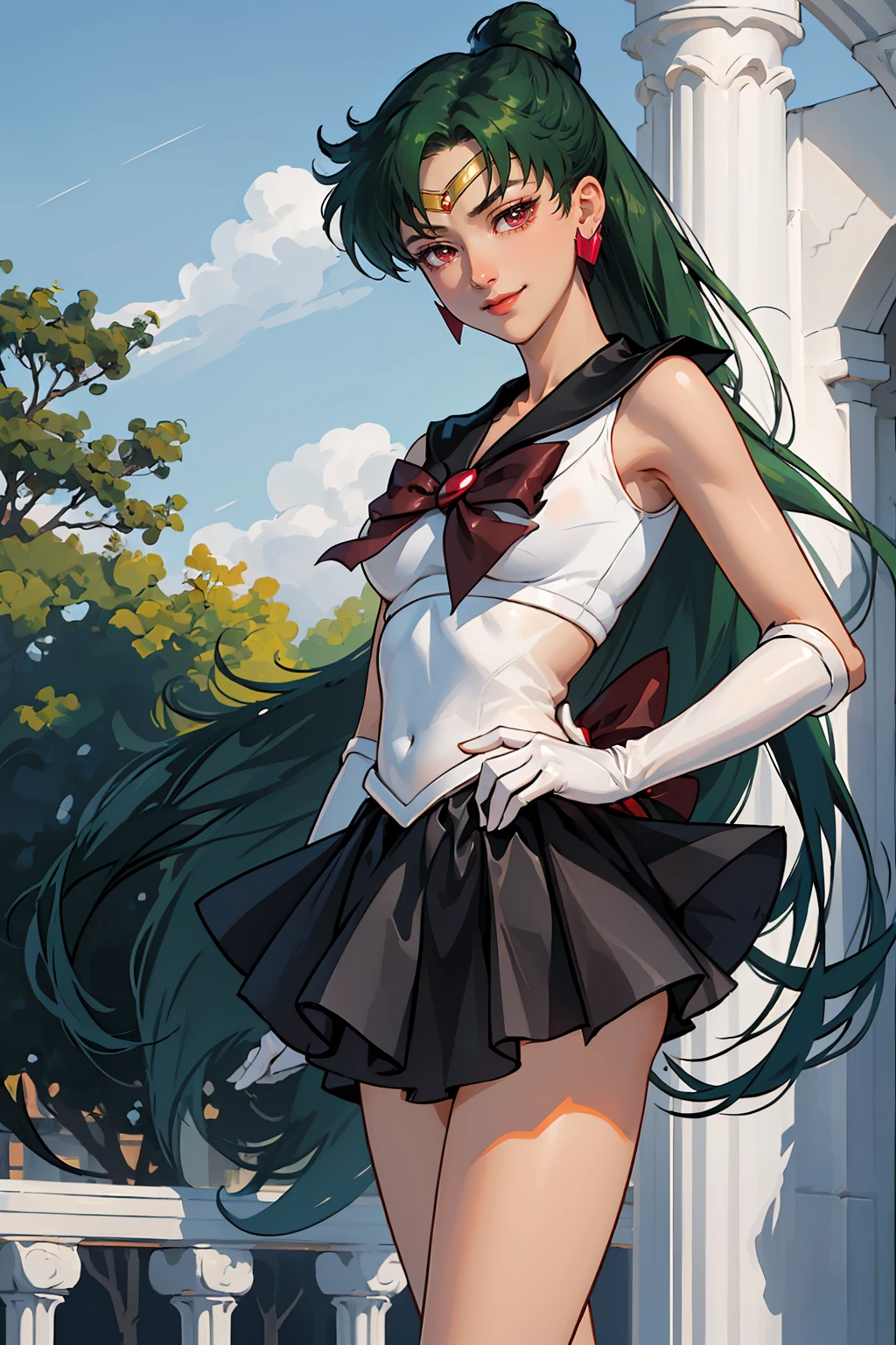 Masterpiece, Best Quality, High Resolution, 1girl, Solo, Ponytail, Green Hair, (Elbow Gloves), Headdress, dark red Bow, Tight Top, (Black Sailor Collar), White Gloves, Earrings, Smile, Black Skirt, (Sailor Pluto Uniform), (Sailor Pluto Uniform), standing, looking at the camera, dynamic poses. Leng Jun, White Top, Elbow Gloves