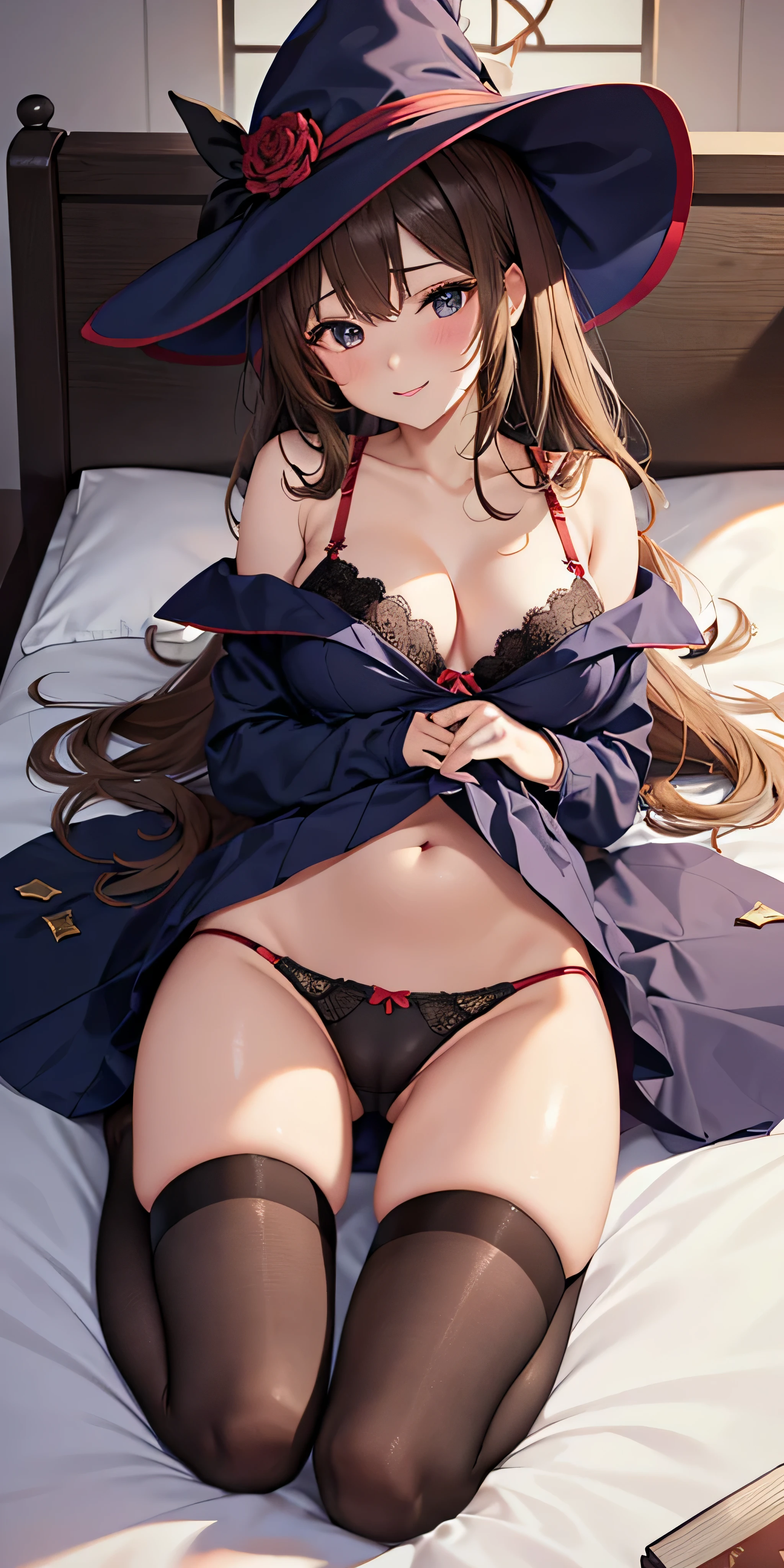 debris flies, highest quality, Highly detailed CG Unity 8K wallpaper, sexy witch , middle length hair、Dark blonde wavy hair、off shoulder knit, dark blue pleated skirt, stockings、medium breasts, saggy breasts, Pose that emphasizes the chest, blush, shy smile, bare shoulders, (((、open your legs wide、please open your knees)))、、nice magic book、church bed、lying in bed、stick out your butt、Red and black panties、Red and black bra