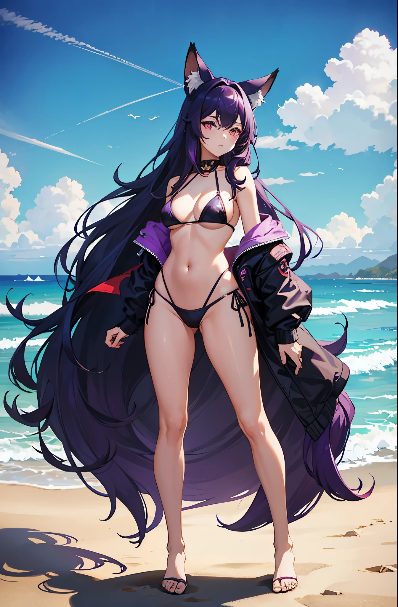 1woman, dark purple hair, long hair, fox ears, fox tail, bikini, beach, standing on ground, high res, ultra sharp, 8K, masterpiece