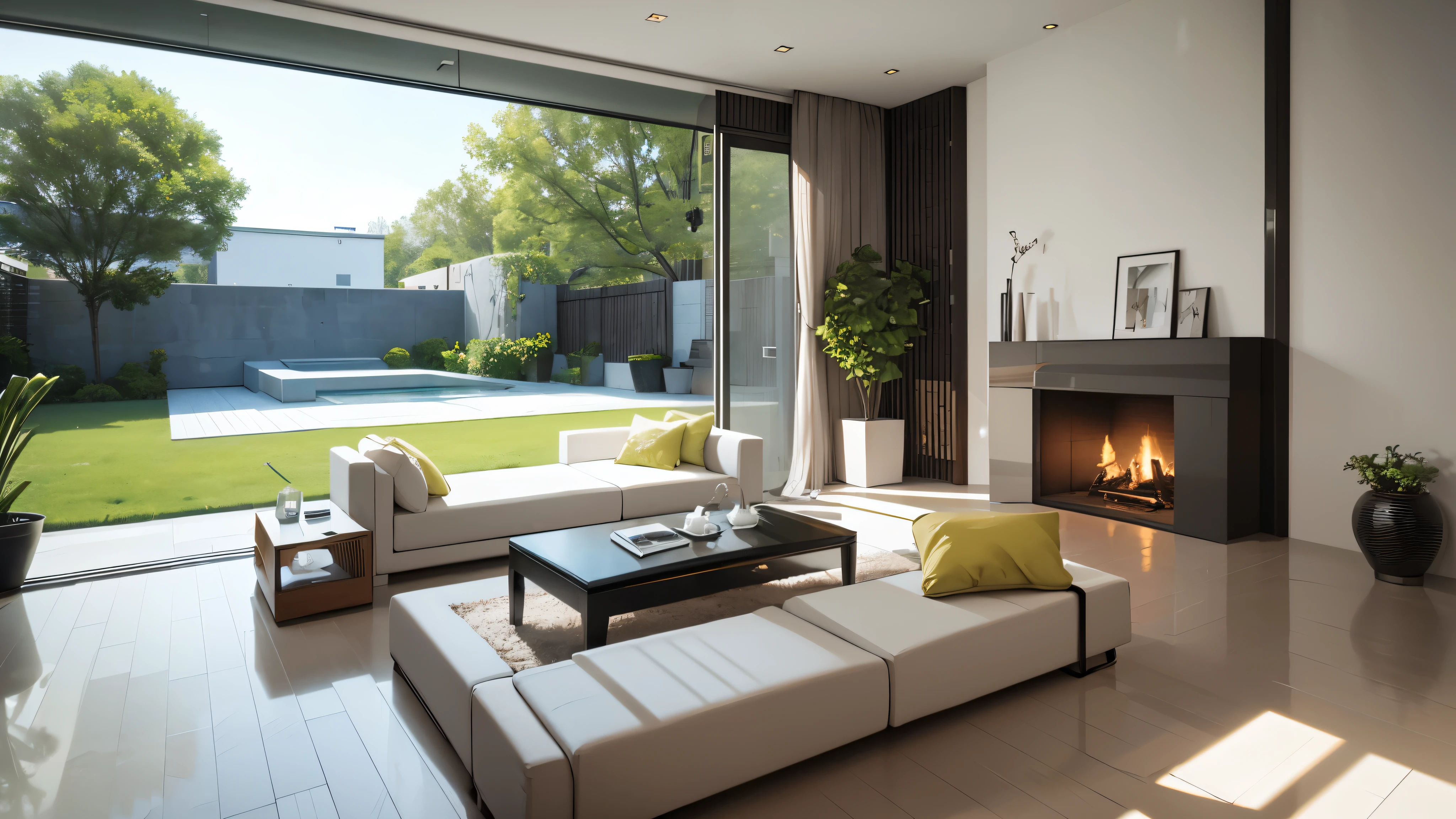 You are a famous interior designer、You have been asked to create a 3D image of a modern large room. Create a harmonious environment with modern and minimalist furniture. Including garden interior.