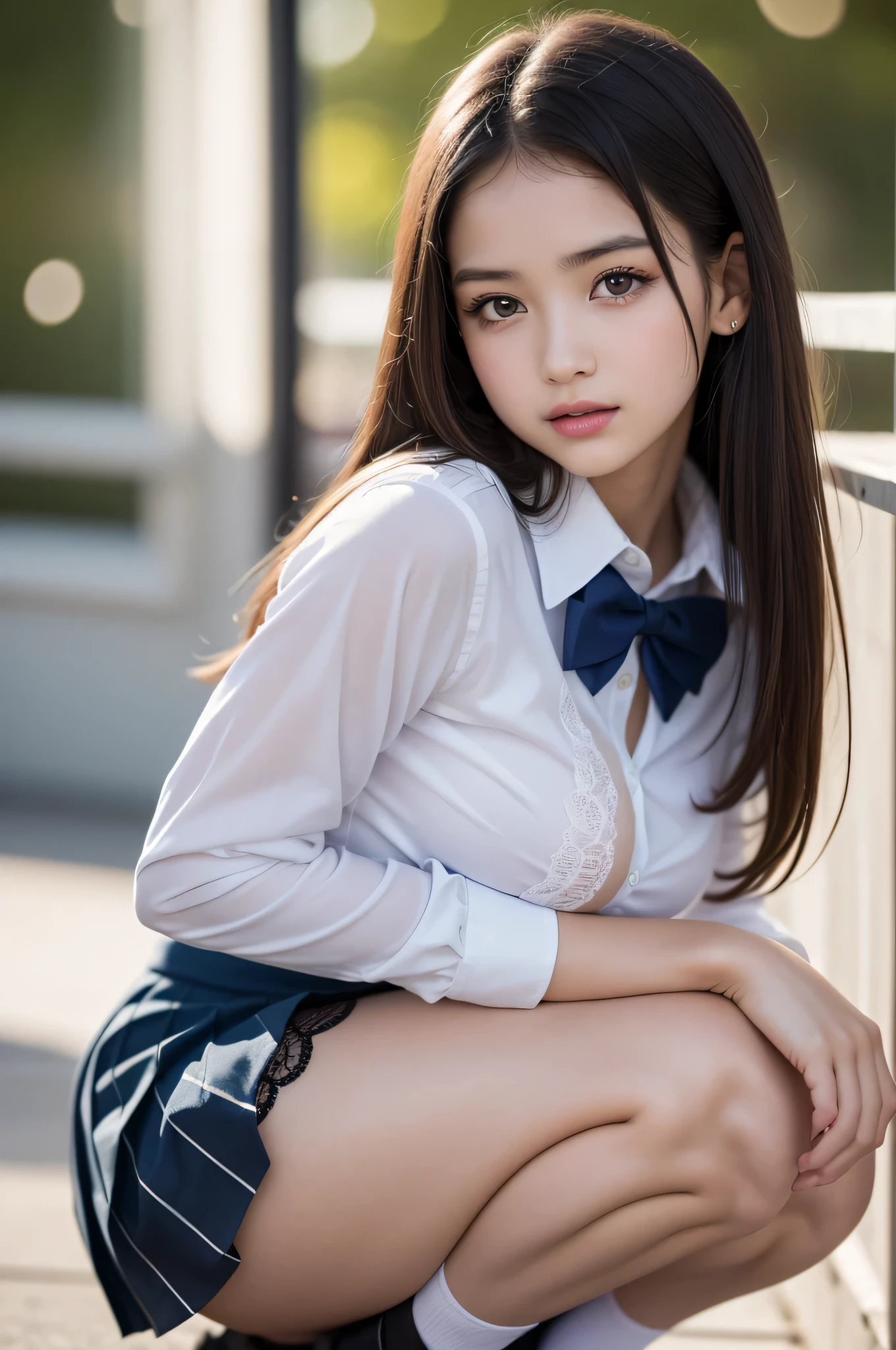 (1ung girl), (highly detailed Beautiful face), Amazing face and eyes, (Best Quality:1.4), (Ultra-detailed), (extremely detailed CG unified 8k wallpaper), Highly detailed, High-definition raw color photos, Professional Photography, Realistic portrait, Pink eyes, (hi-school uniform, pleated mini skirt:1.3), (High school uniform with wide open breasts:1.4), brown hair, model, (((Bokeh))), depth of fields, School, classroom, (squatting:1.2), (sheer lace panties:1.2), view from below