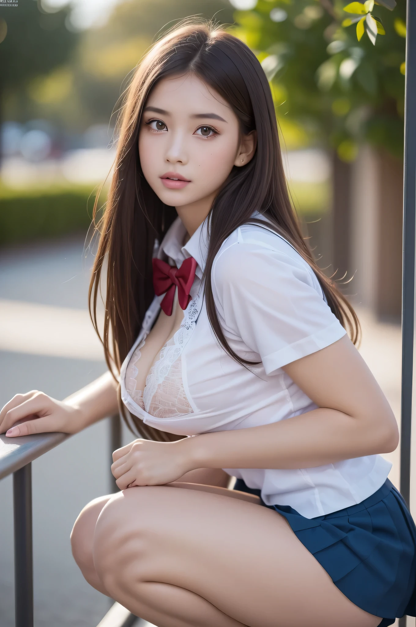 (1young girl), (highly detailed Beautiful face), Amazing face and eyes, (Best Quality:1.4), (Ultra-detailed), (extremely detailed CG unified 8k wallpaper), Highly detailed, High-definition raw color photos, Professional Photography, Realistic portrait, Pink eyes, (hi-school uniform, pleated mini skirt:1.3), (High school uniform with wide open breasts:1.4), brown hair, model, (((Bokeh))), depth of fields, School, classroom, (squatting:1.2), (sheer lace panties:1.2), view from below