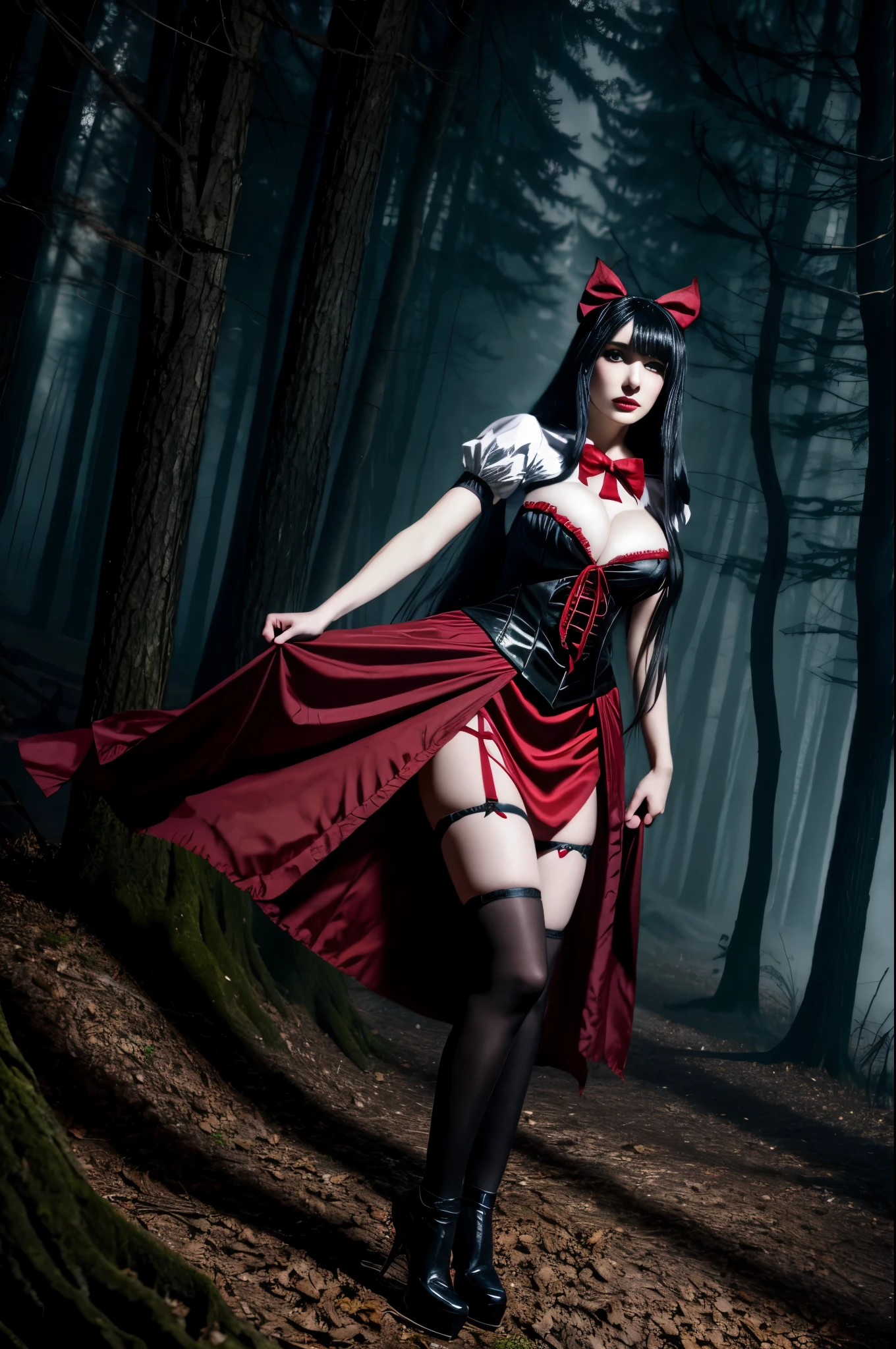 Araffe dressed as a sexy "snow white" with a red bow, beautiful vampire queen, realistic cosplay, Marceline from Adventure Time, anime girl cosplay, 4K HD, beautiful vampire queen, snow white as a d &d fighter, snow white, anime cosplay, cosplay, vampire Carmilla, with long dark hair, in the dark woods, spooky atmosphere, dark theme, mist, torn clothes, large breasts, full body, photo from below