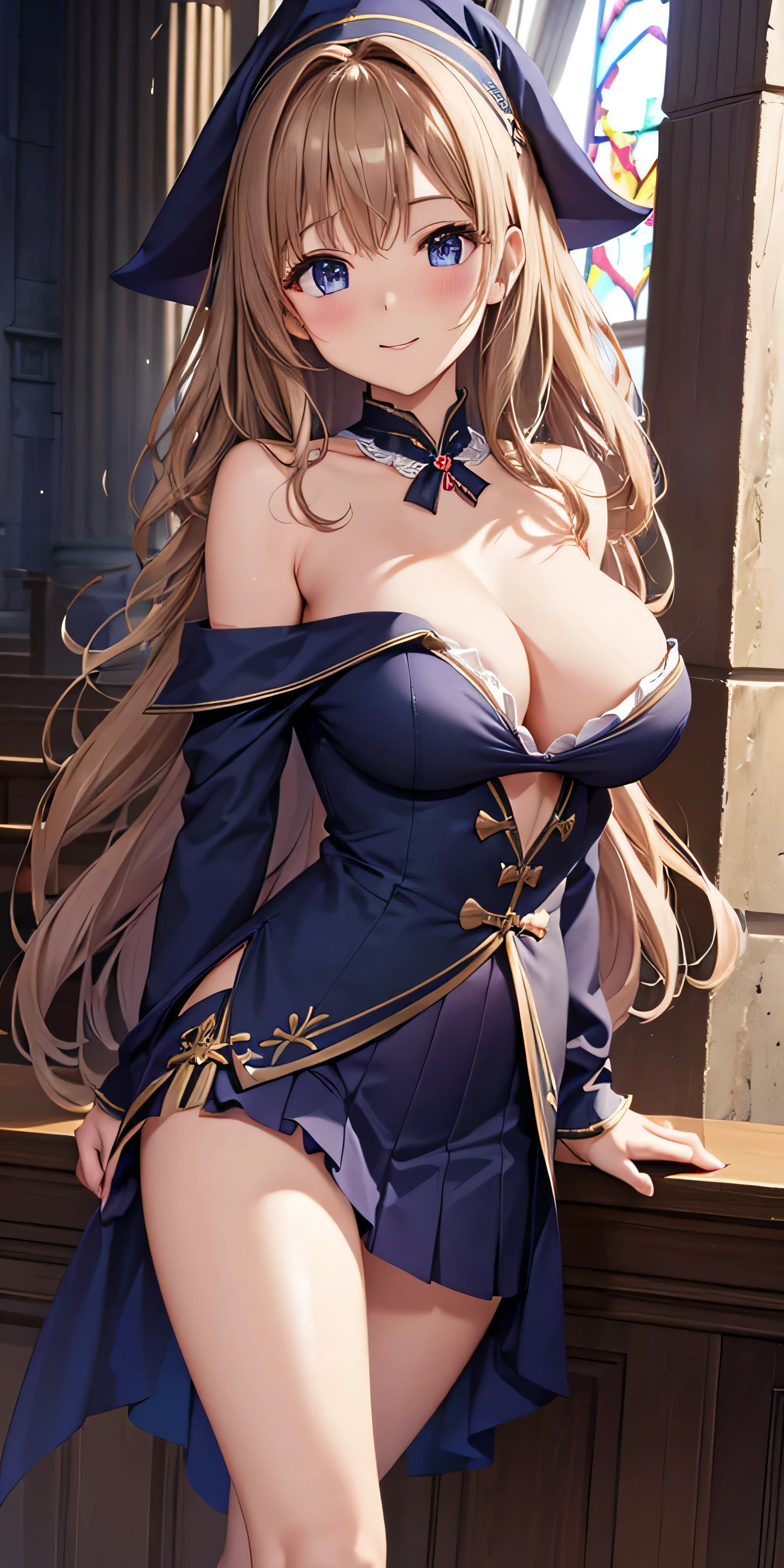 debris flies, highest quality, Highly detailed CG Unity 8K wallpaper, sexy witch , long dark blonde wavy hair、off shoulder knit, dark blue pleated skirt, stockings、medium breasts, saggy breasts, Pose that emphasizes the chest, blush, shy smile, bare shoulders, (Sexy pink panties、、((open your legs wide))）、、nice magic book、Cathedral of the Church、Put your hand on the pillar and turn around、stick out your butt、、