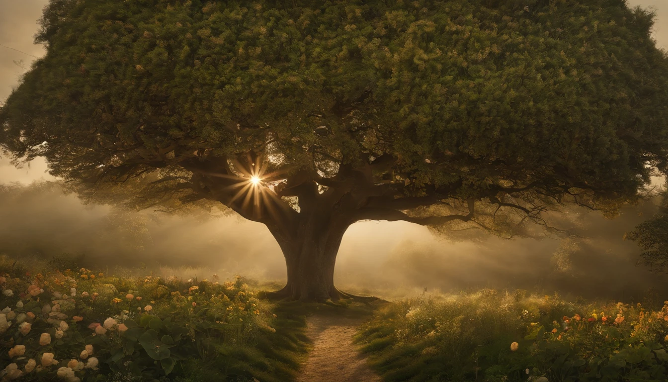 il y a une peinture d&#39;un arbre dans un jardin avec un chemin circulaire, photograph of jardin enchanté, Jardin très surréaliste, Distique de Kerem, jardin enchanté, Andreï Gordeev, Annie Stegg Gérard, jardins célestes, the Jardin d&#39;Eden, Jardin brumeux, Tom Kinkade, Jardin d&#39;Eden, par Arthur Pan, style pictural fantastique, arbre fantastique