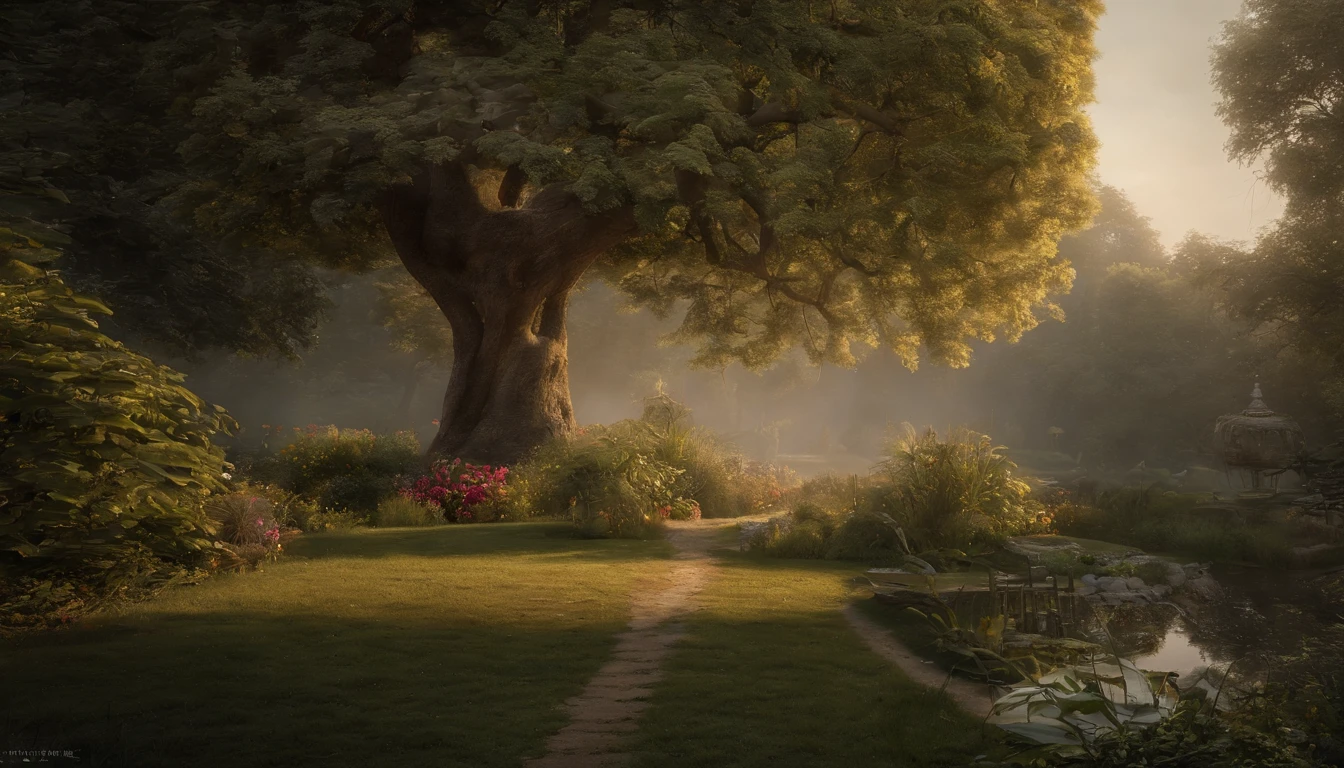 il y a une peinture d'un arbre dans un jardin avec un chemin circulaire, photograph of jardin enchanté, Jardin très surréaliste, Distique de Kerem, jardin enchanté, Andreï Gordeev, Annie Stegg Gérard, jardins célestes, the Jardin d'Eden, Jardin brumeux, Tom Kinkade, Jardin d'Eden, par Arthur Pan, style pictural fantastique, arbre fantastique