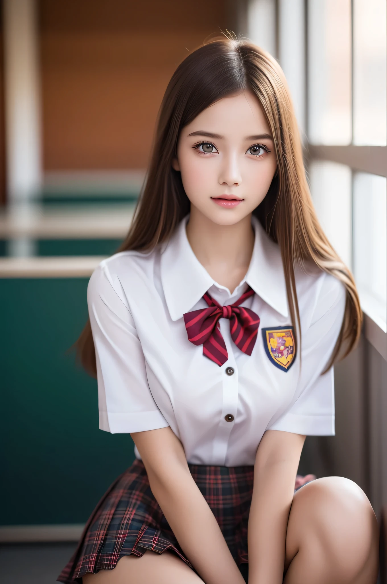 (Ultra realistic, high res), (ung girl), (extremely detailed beautiful face), Amazing face and eyes, (Best Quality:1.4), (Ultra-detailed), (extremely detailed CG unified 8k wallpaper), Highly detailed, High-definition raw color photos, Professional Photography, Realistic portrait, Amazing face and eyes, Pink eyes, (High School Uniform, Pleated mini-skirt:1.3), (High school uniform with wide open breasts:1.3), (Beautiful big breasts:1.3), Brown hair, Model, School, classroom, indoor, sitting, chair, spread legs wide open, (no panties:1.3), (((Bokeh))), depth of fields, (View from below:1.1),
