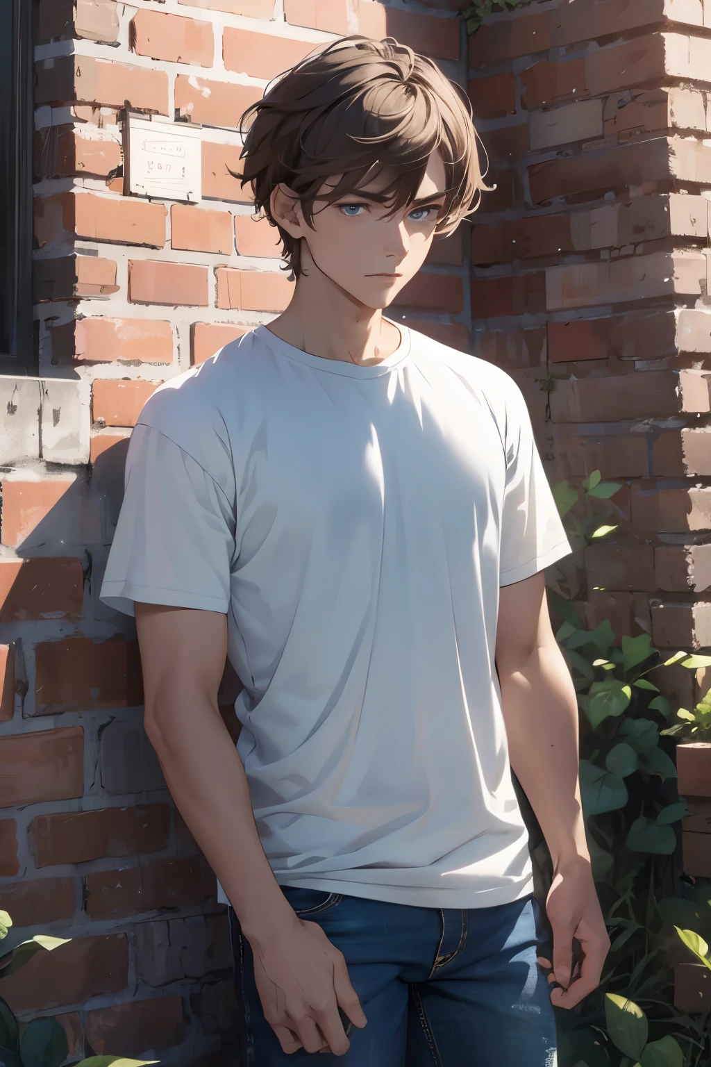 Ultra-realistic 8K CG, masterpiece, best quality, the young man, solo, handsome, short brown hair, bright blue eyes, finely detailed face, casual attire, real-time shadow, introspective, angular jawline, expressive eyebrows, leaning against a brick wall, lost in thought, wearing a simple t-shirt, denim jeans, and converses, the sunlight casting intricate patterns on his features, bringing out the natural textures and colors, a sense of depth and dimension in the portrait, capturing the essence of youthful contemplation and introspection, a subtle breeze animating the scene, the young man's gaze seemingly fixed on an unseen horizon, inv