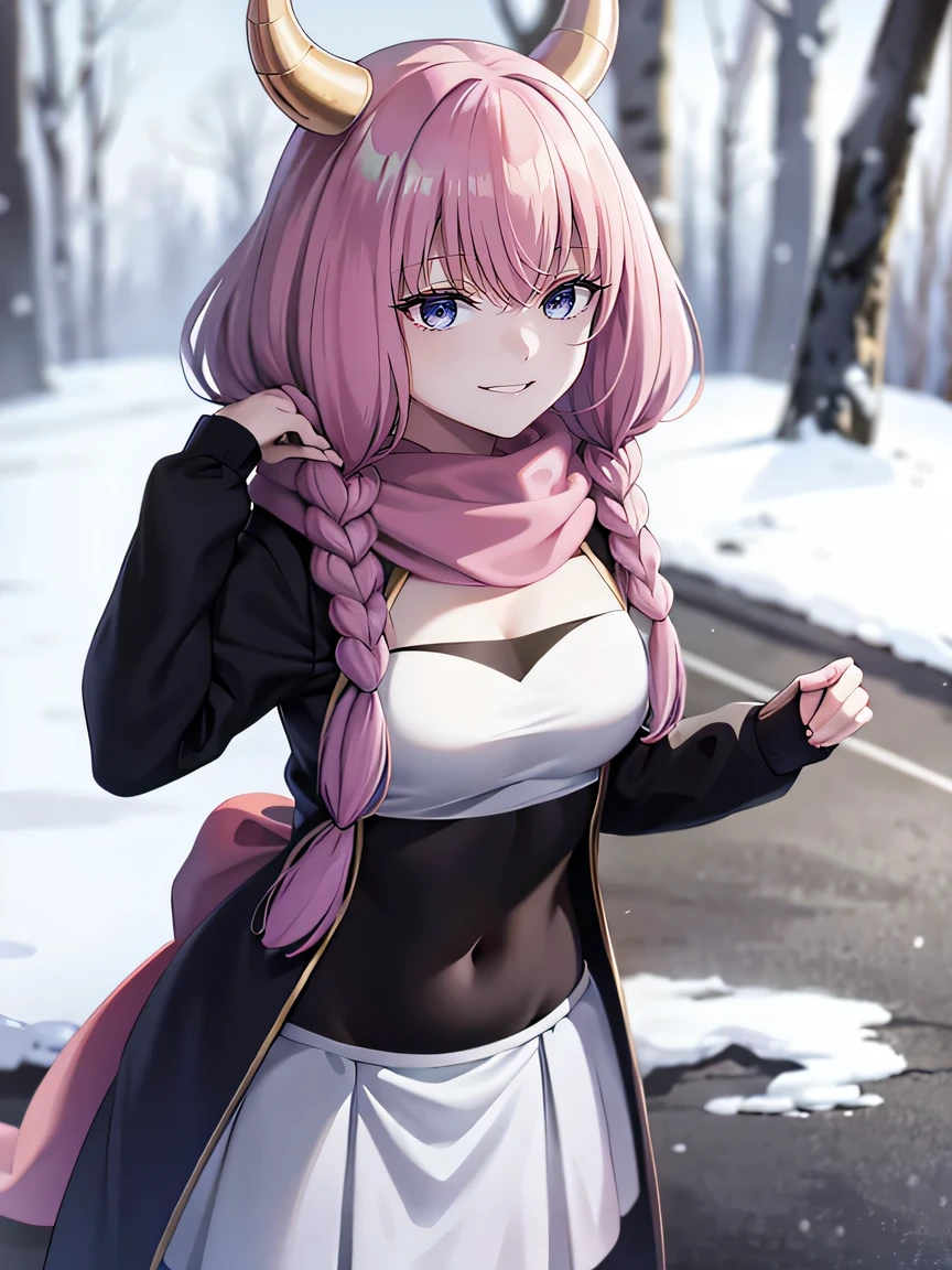 pink hair, two horns on her head,,,一人の女性はFreelen風のscarfを巻いている, The main character of the anime "Freelen&#39;funeral". scarf (wrapped around her neck like a ribbon) Has fringes on both ends. She is smiling gently. scarfのリボン部分が大きくて可愛いです. wearing a long coat,The background is a snowy forest. 4K high image quality.