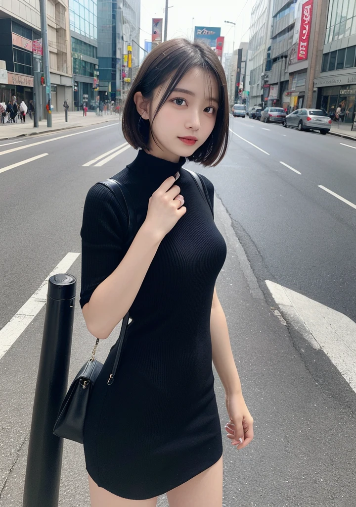 Detailed details,、High resolution、high quality、perfect dynamic composition、beautiful and fine eyes、short hair、small breasts、natural color lip、Kamimei、Shibuya Ward、20 year old girl、1 person、transparent skin、shining hair、table top、最high quality、finely、High resolution、8K、correct state of the human body、Wearing a black knitted dress、random pose、sculpture model pose、hair flying in the wind