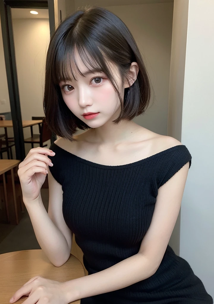 Detailed details,、High resolution、high quality、perfect dynamic composition、beautiful and fine eyes、short hair、small breasts、natural color lip、Kamimei、Shibuya Ward、20 year old girl、1 person、transparent skin、shining hair、table top、最high quality、finely、High resolution、8K、correct state of the human body、Wearing a black knitted dress、random pose、sculpture model pose、hair flying in the wind
