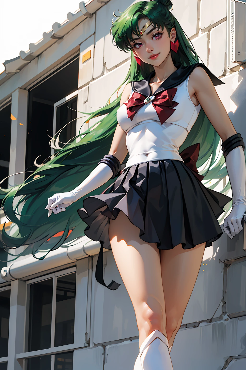 Masterpiece, Best Quality, High Resolution, 1girl, Solo, Ponytail, Green Hair, (Elbow Gloves), Headdress, dark red Bow, Tight Top, (Black Sailor Collar), White Gloves, Earrings, Smile, Black Skirt, (Sailor Pluto Uniform), (Sailor Pluto Uniform), standing, looking at the camera, dynamic poses. Leng Jun, White Top, Elbow Gloves