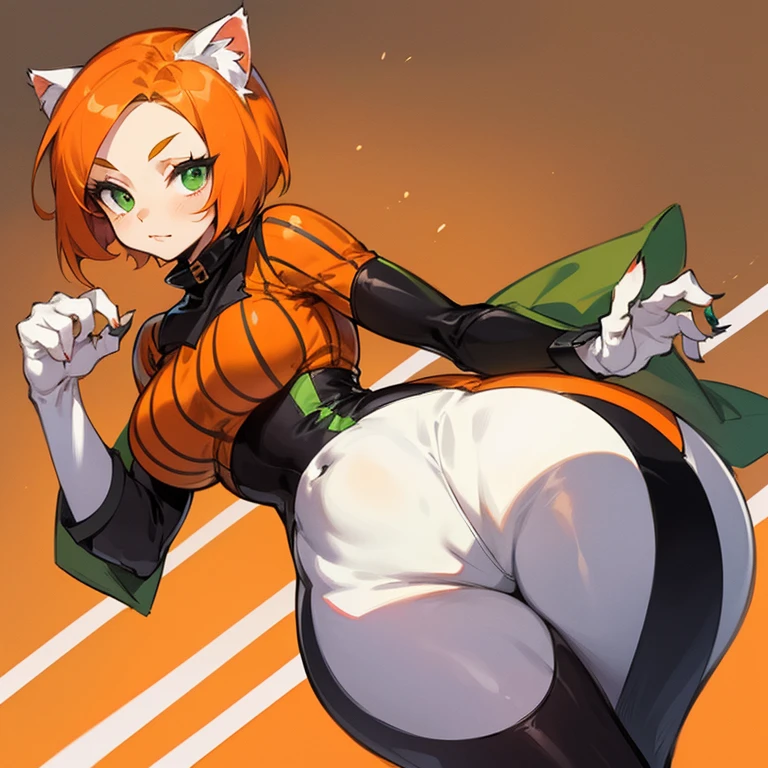 (((Alone))),(((Feline Woman))),(((Orange hair with white stripes))),(((Green feline eyes))),(light curvy body),(((Wearing clothes beautiful)))