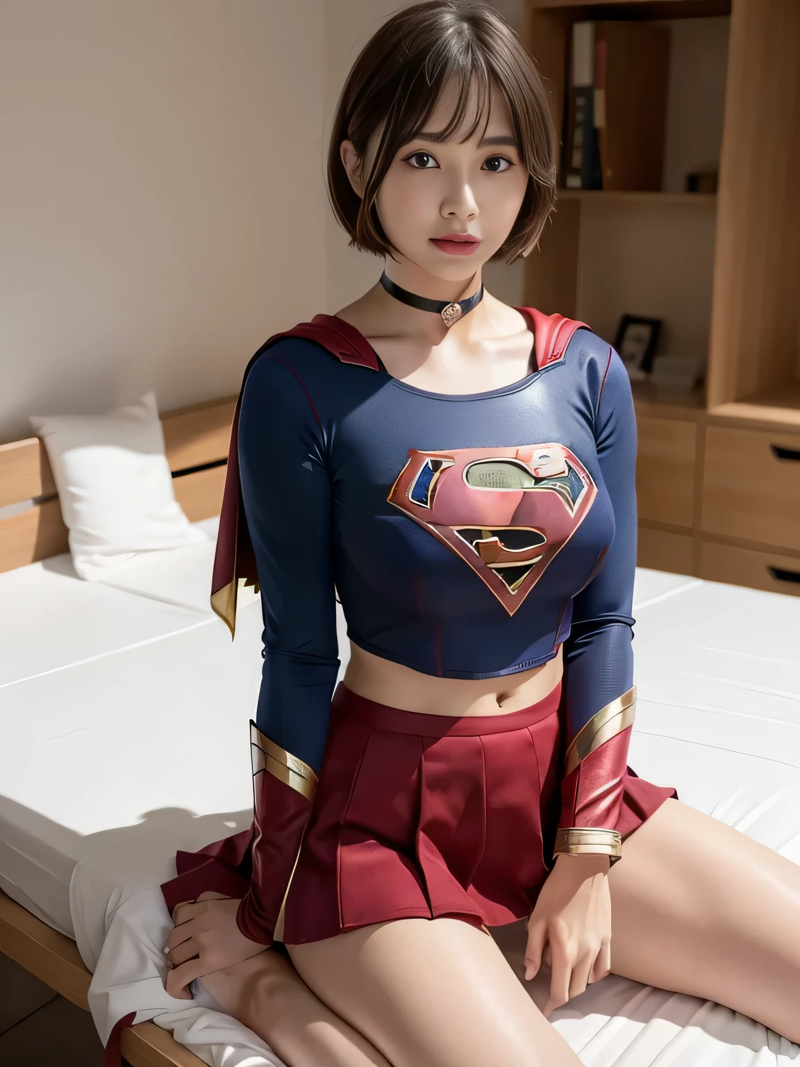 masterpiece、Supergirl costumes、short hair、barefoot、big and full breasts、Research room、operating table、straddle、Tattered、shiny、look at the camera、Seduce、choker、long sleeve、red mini skirt、Cowgirl