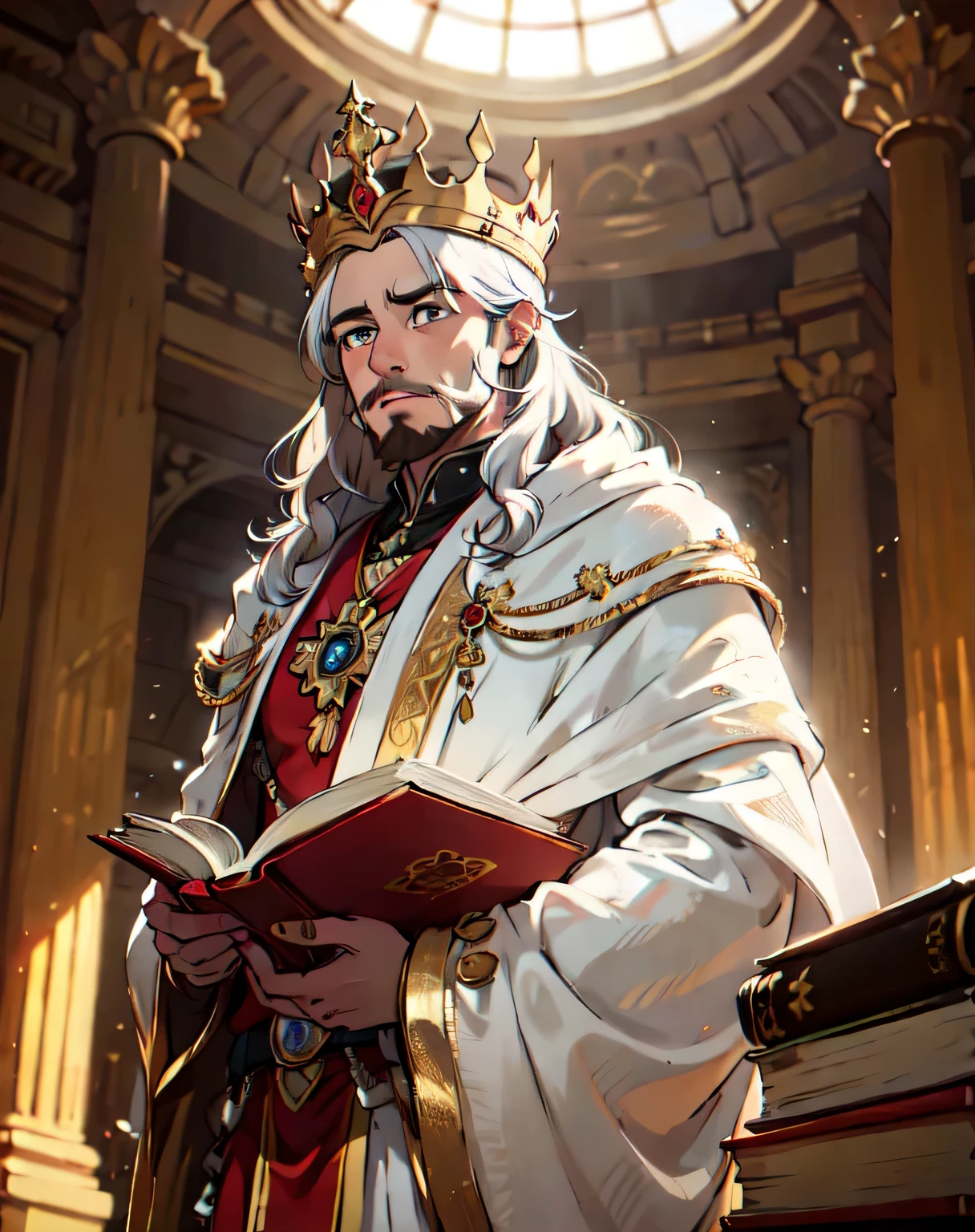 KING Solomon, estilo anime, with medium beard, (cabelos castanhos escuros e barba), olhos castanhos, White dress and red tonic, ((with a king's crown on his head with 12 gemstones of different colors)), lendo um livro antigo, olhando para um livro antigo aberto, Intricado, elegante, majestoso, background an interior of a golden palace (obra de arte, side lighting, lindos olhos finamente detalhados: 1.2), HDR