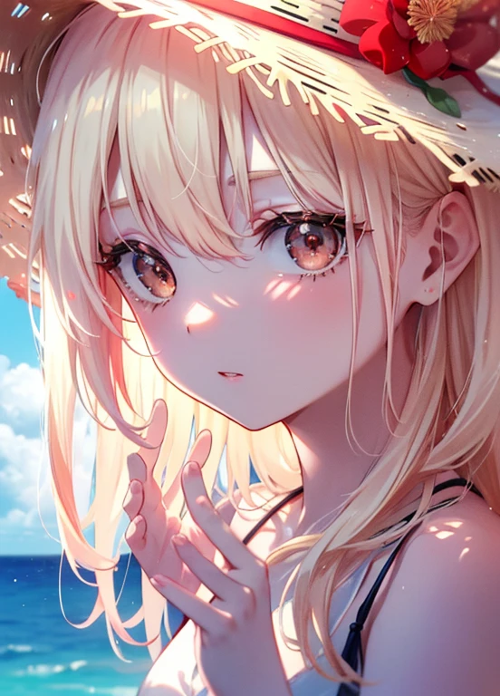 Chisato Nishikigi, Chisato Nishikigi, long hair, bangs, blonde, (red eyes:1.5), bikini swimwear,Big straw hat,Ocean,summer,Ocean水浴,break looking at viewer, break (masterpiece:1.2), highest quality, High resolution, unity 8k wallpaper, (shape:0.8), (beautiful and detailed eyes:1.6), highly detailed face, perfect lighting, Very detailed CG, (perfect hands, perfect anatomy),